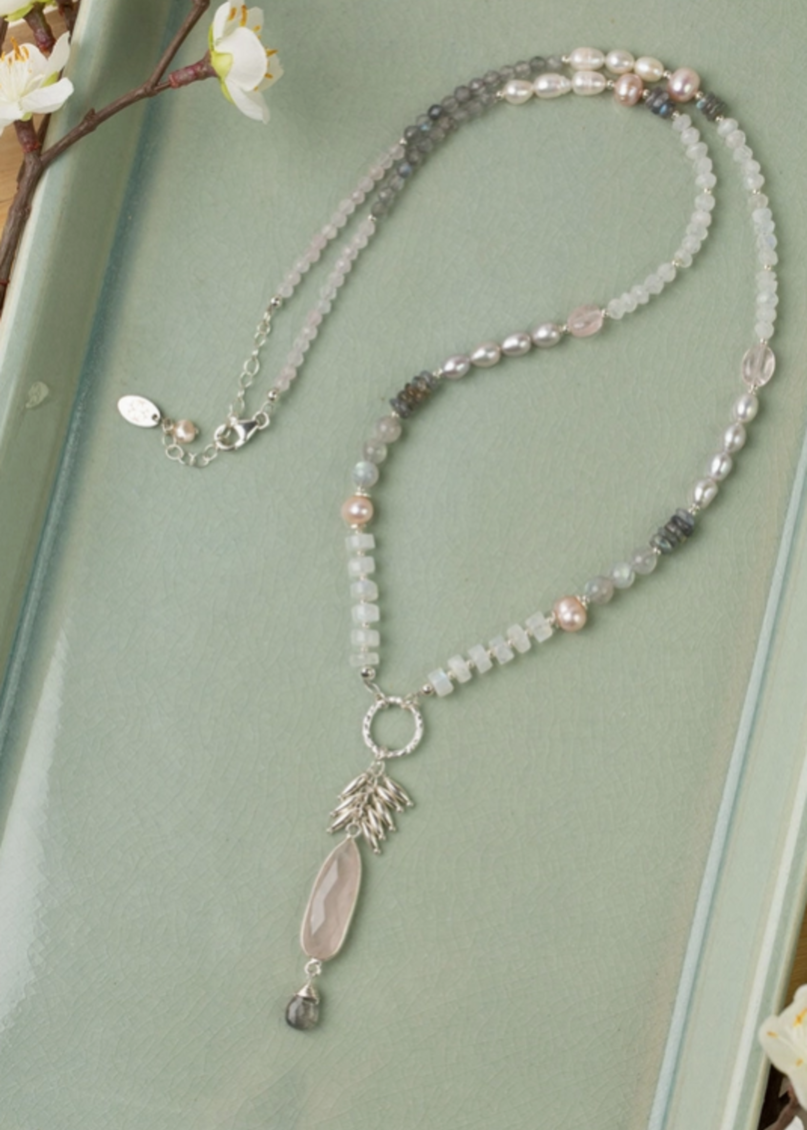 Blush 24-26" Rainbow Moonstone, Freshwater Pearl with Faceted Rose Quartz, Labradorite Briolette Statement Necklace