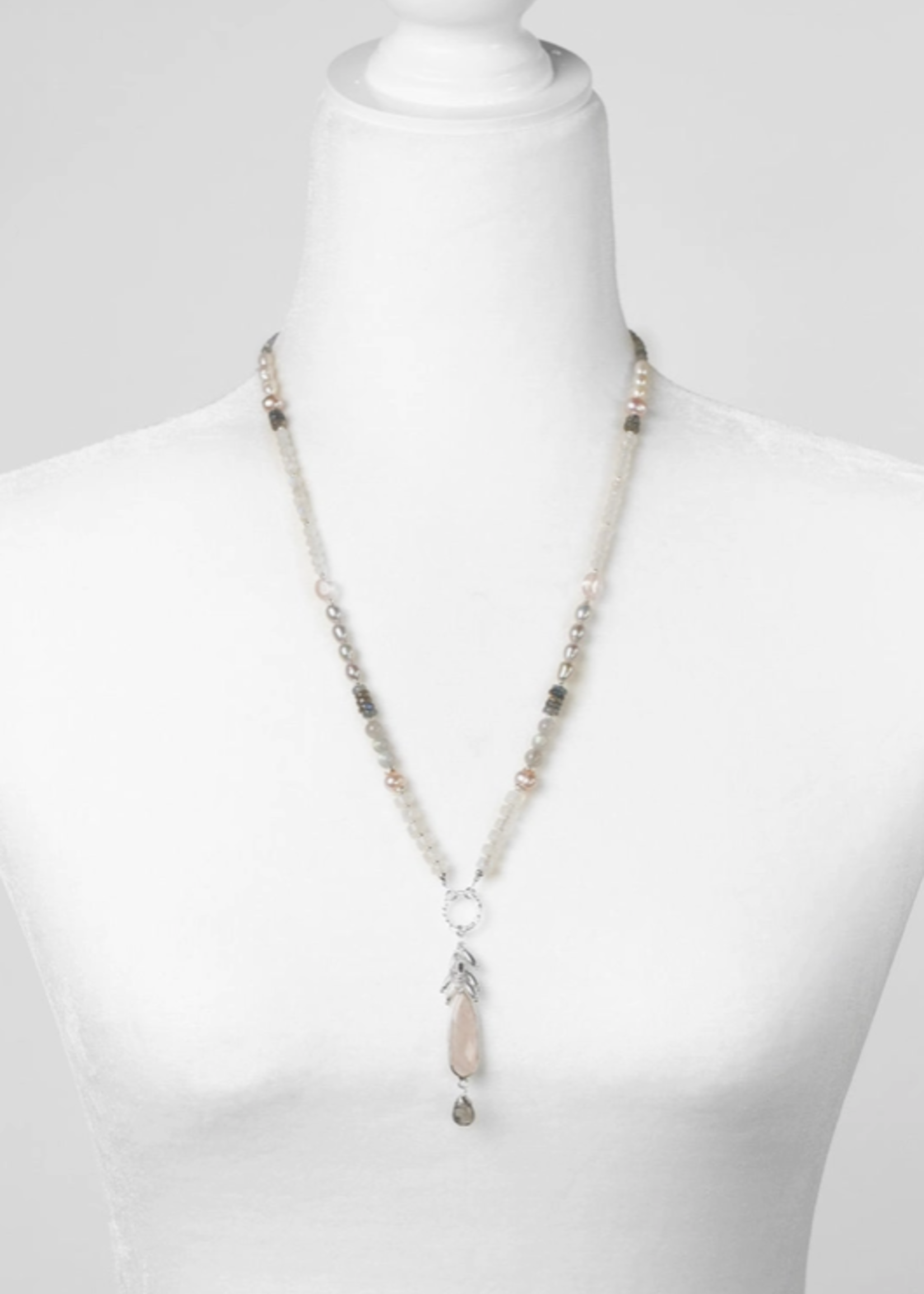 Blush 24-26" Rainbow Moonstone, Freshwater Pearl with Faceted Rose Quartz, Labradorite Briolette Statement Necklace