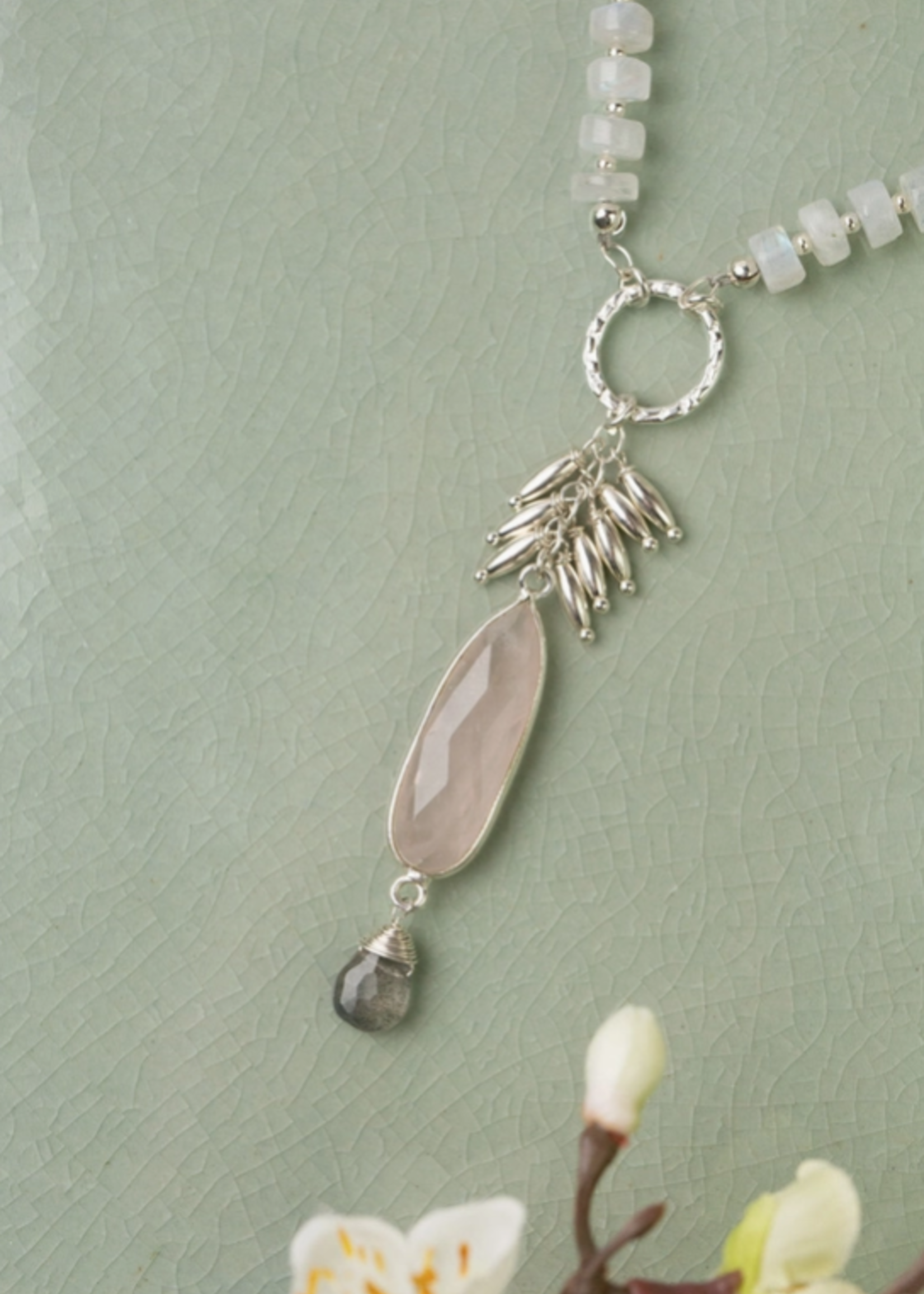 Blush 24-26" Rainbow Moonstone, Freshwater Pearl with Faceted Rose Quartz, Labradorite Briolette Statement Necklace