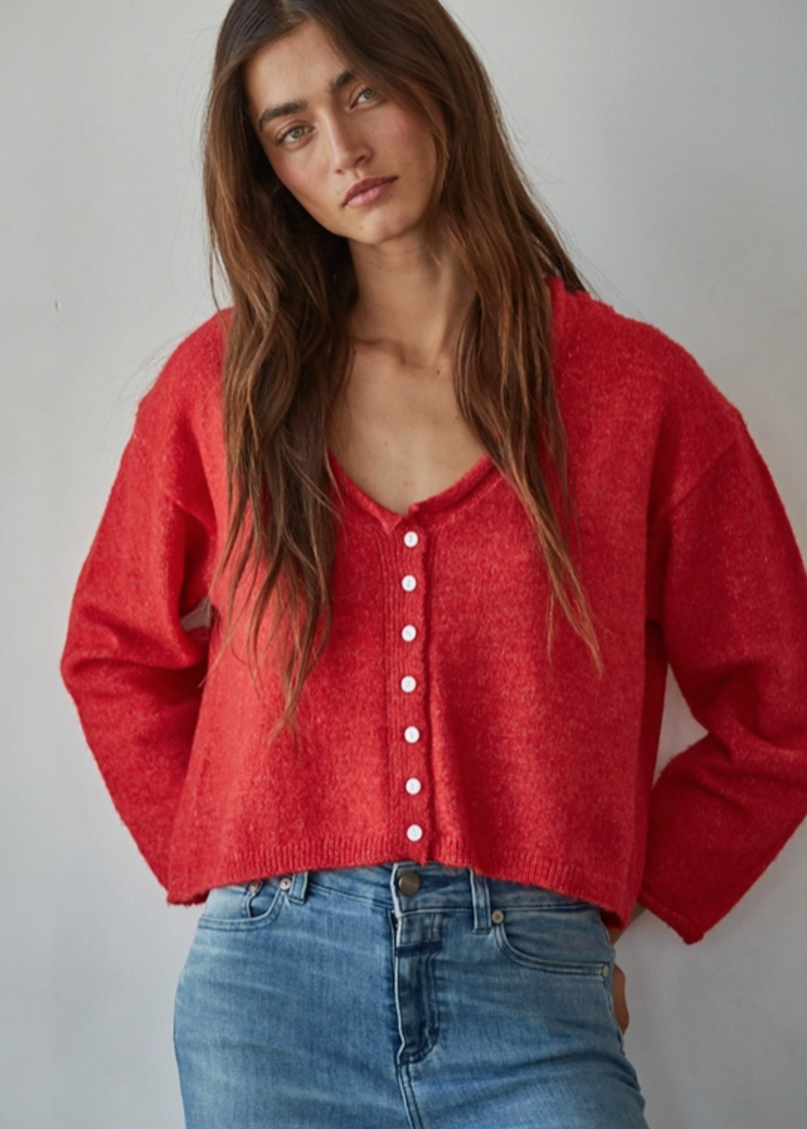 Knit Rolled V-Neck Cardigan