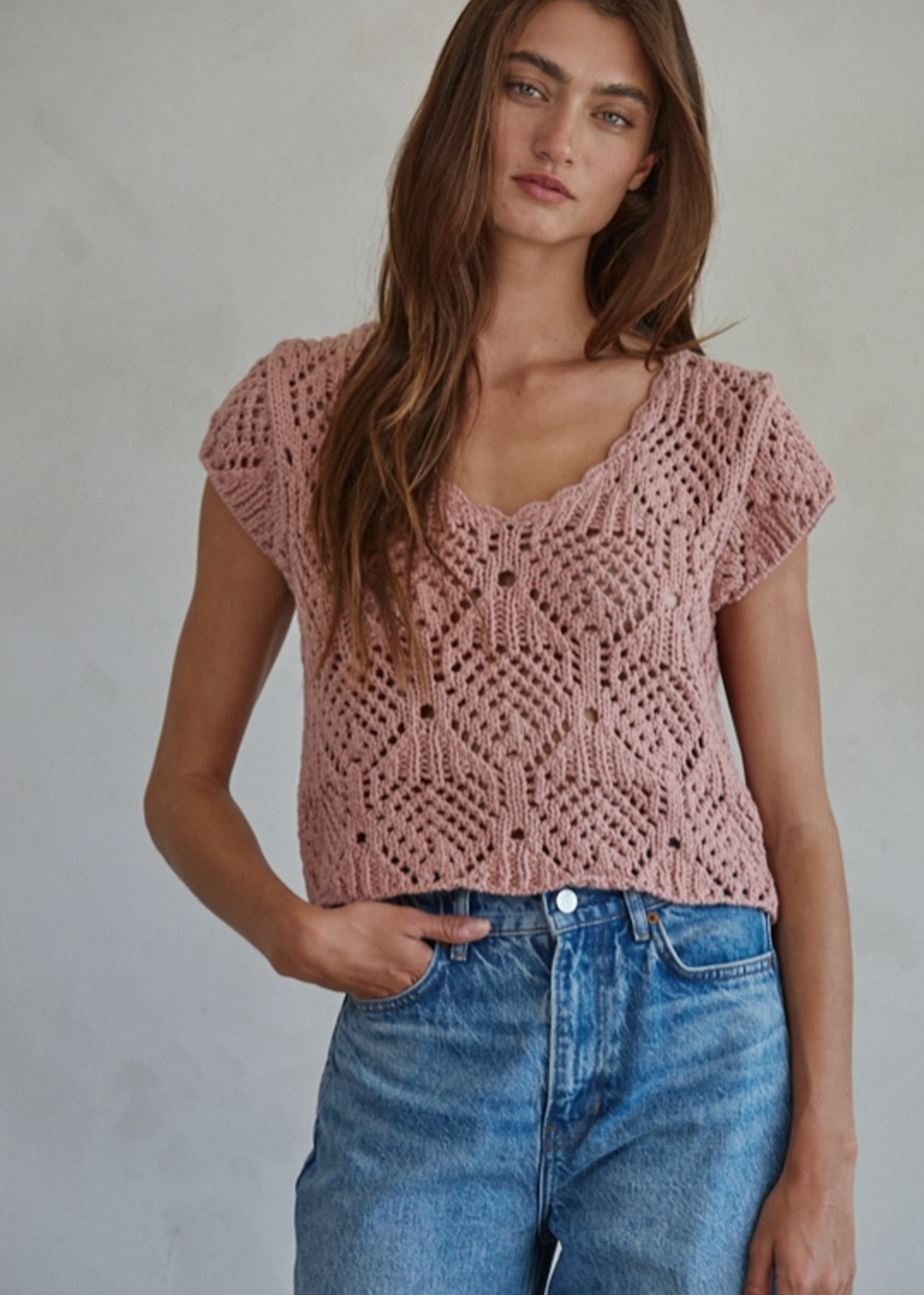 Crochet V-Neck Cap Sleeve Top