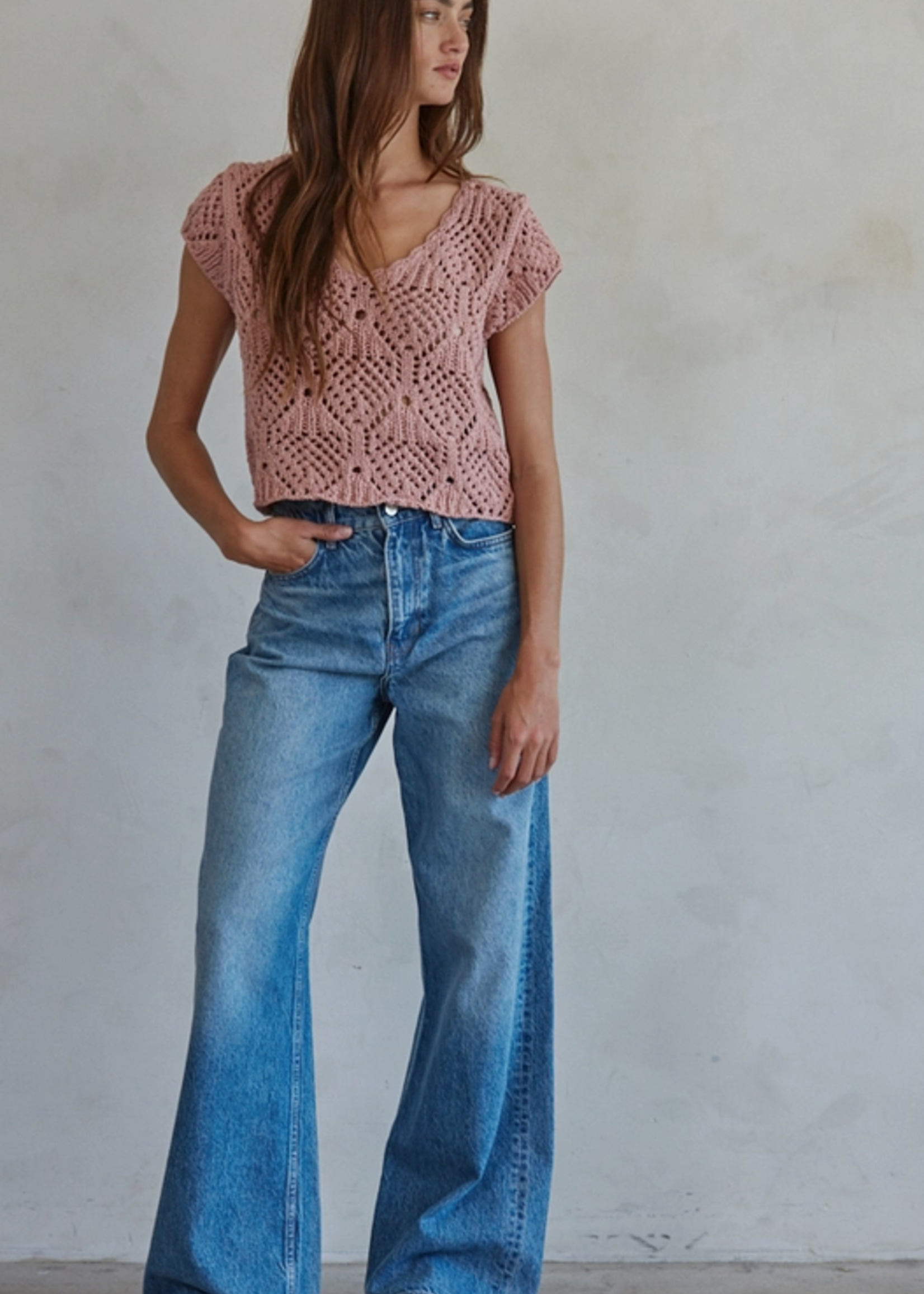 Crochet V-Neck Cap Sleeve Top