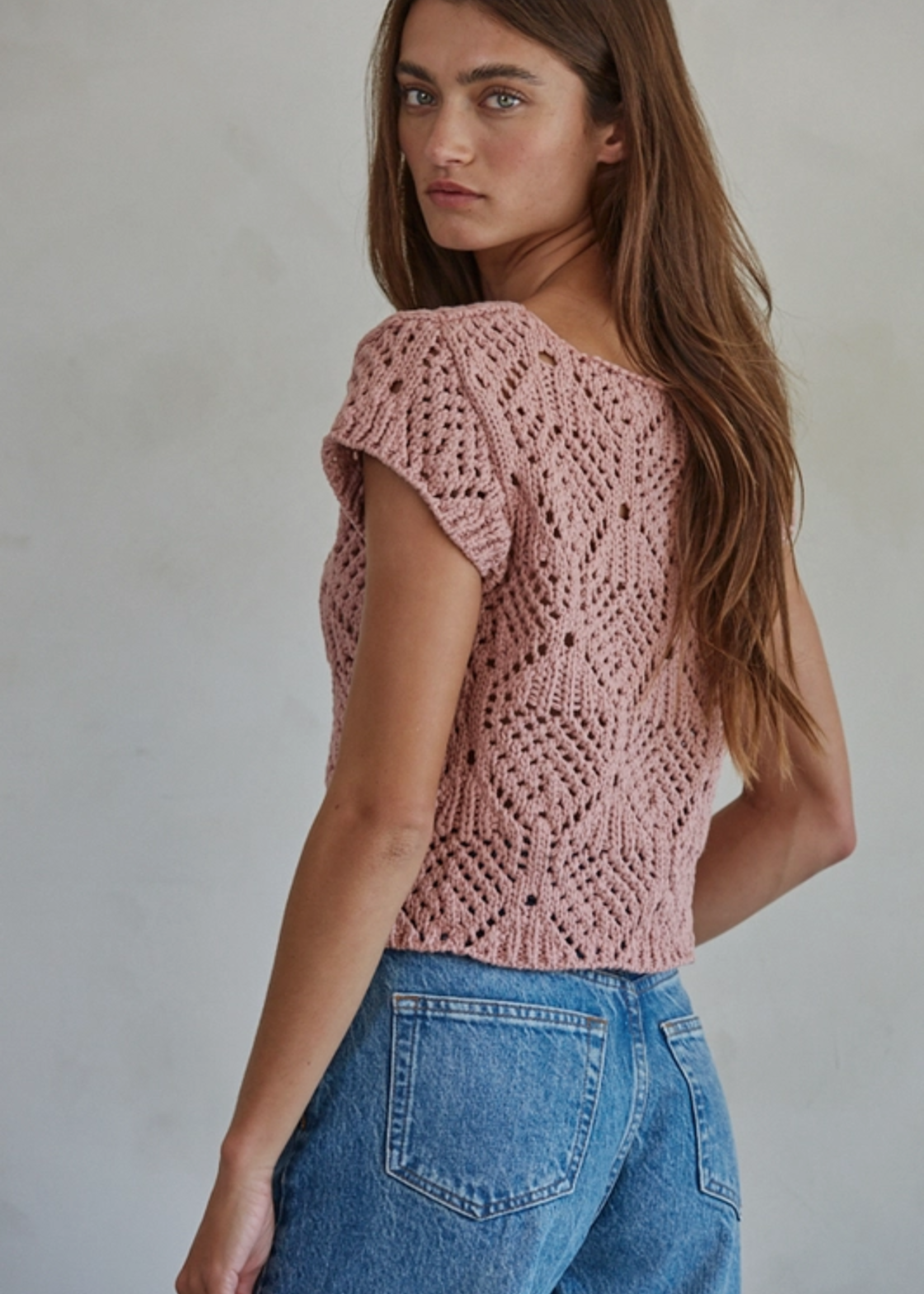 Crochet V-Neck Cap Sleeve Top