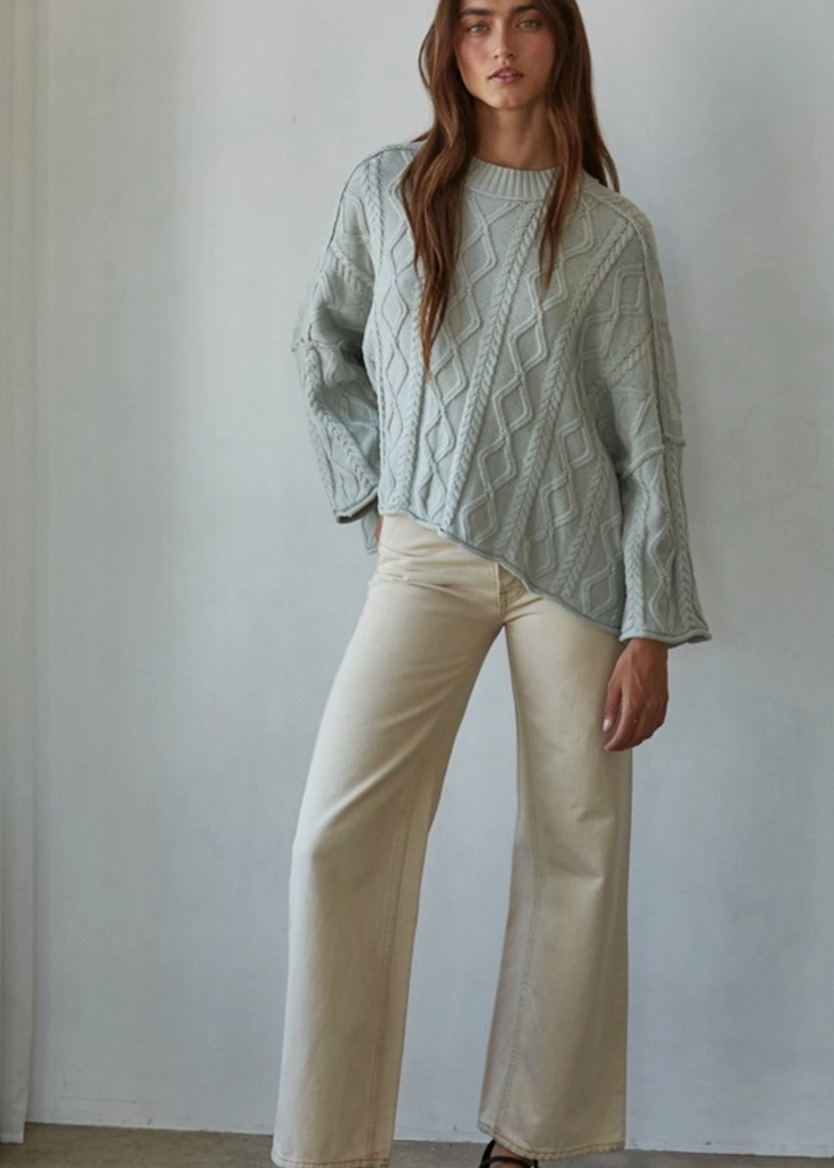 Cable Sweater Cotton 3/4 Sleeve Pullover