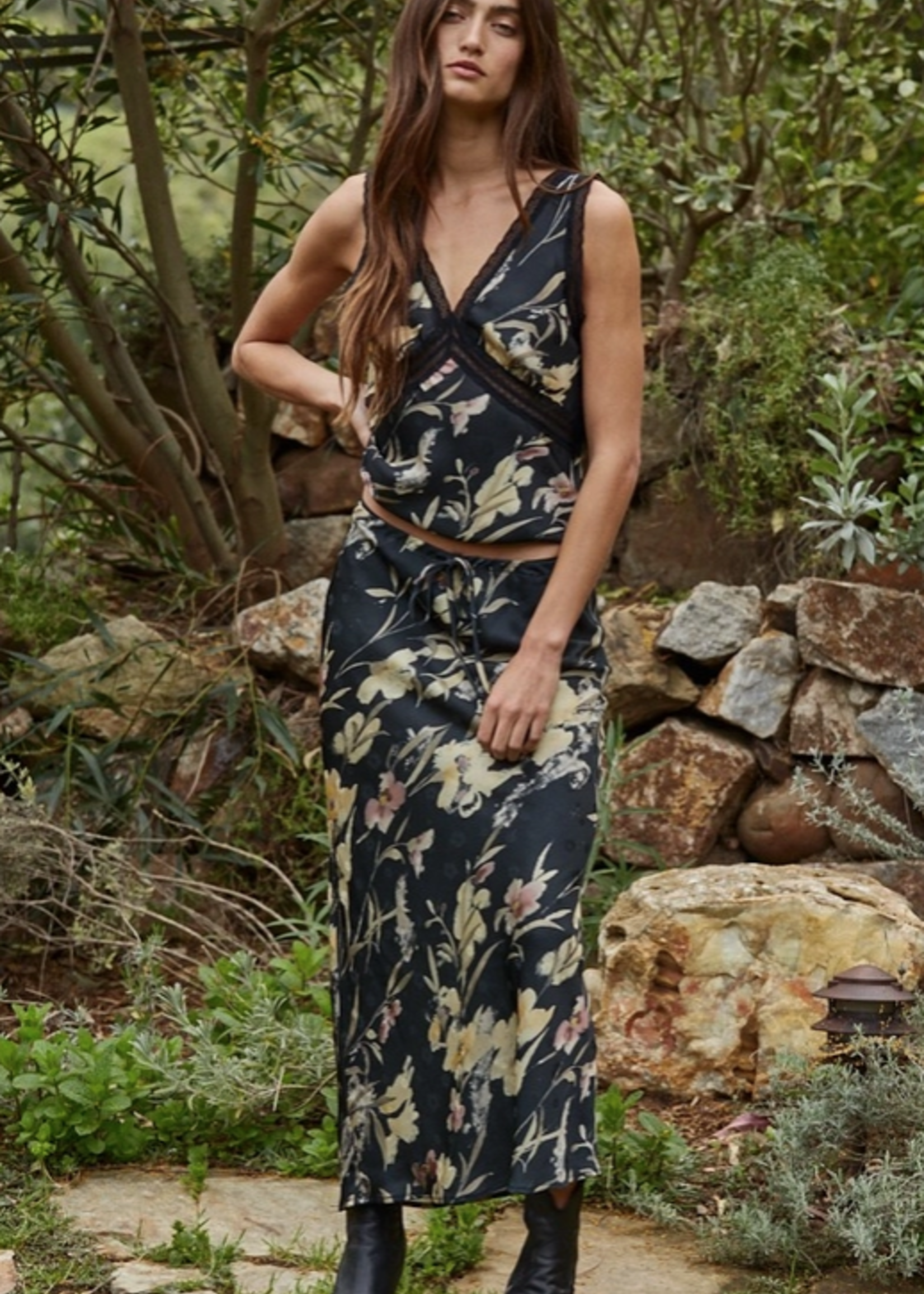 Woven Floral Print Deep V-Neck Top