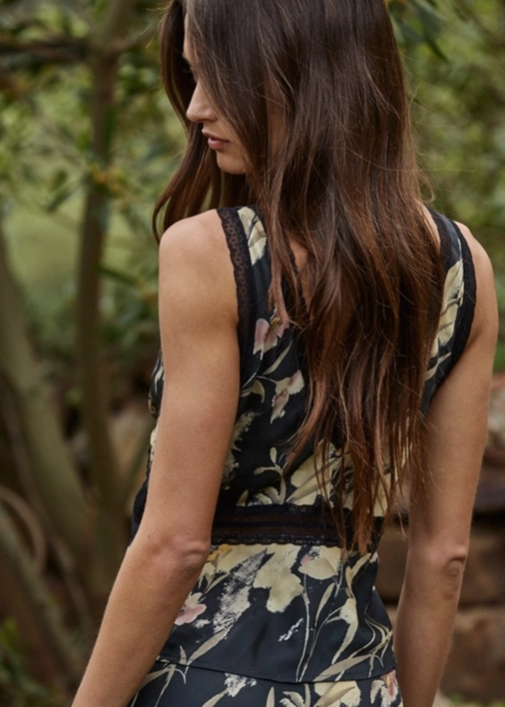 Woven Floral Print Deep V-Neck Top