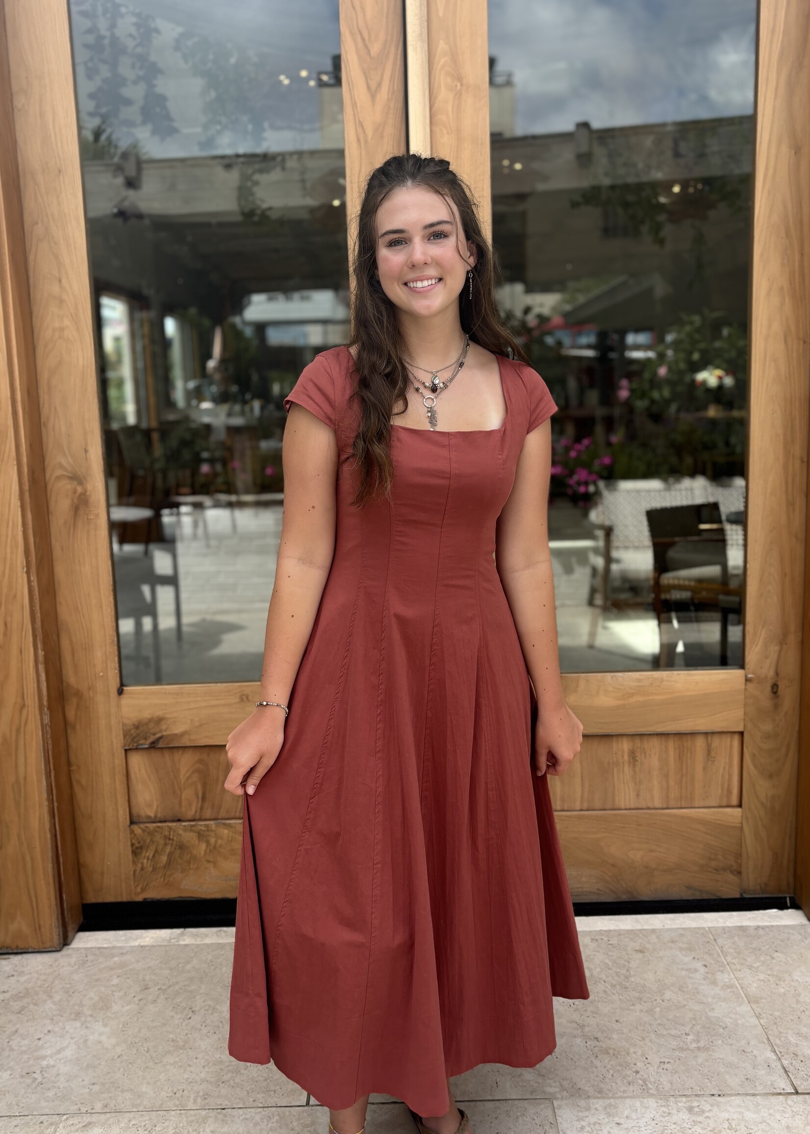 Square Neck Cap Sleeve A Line Dress