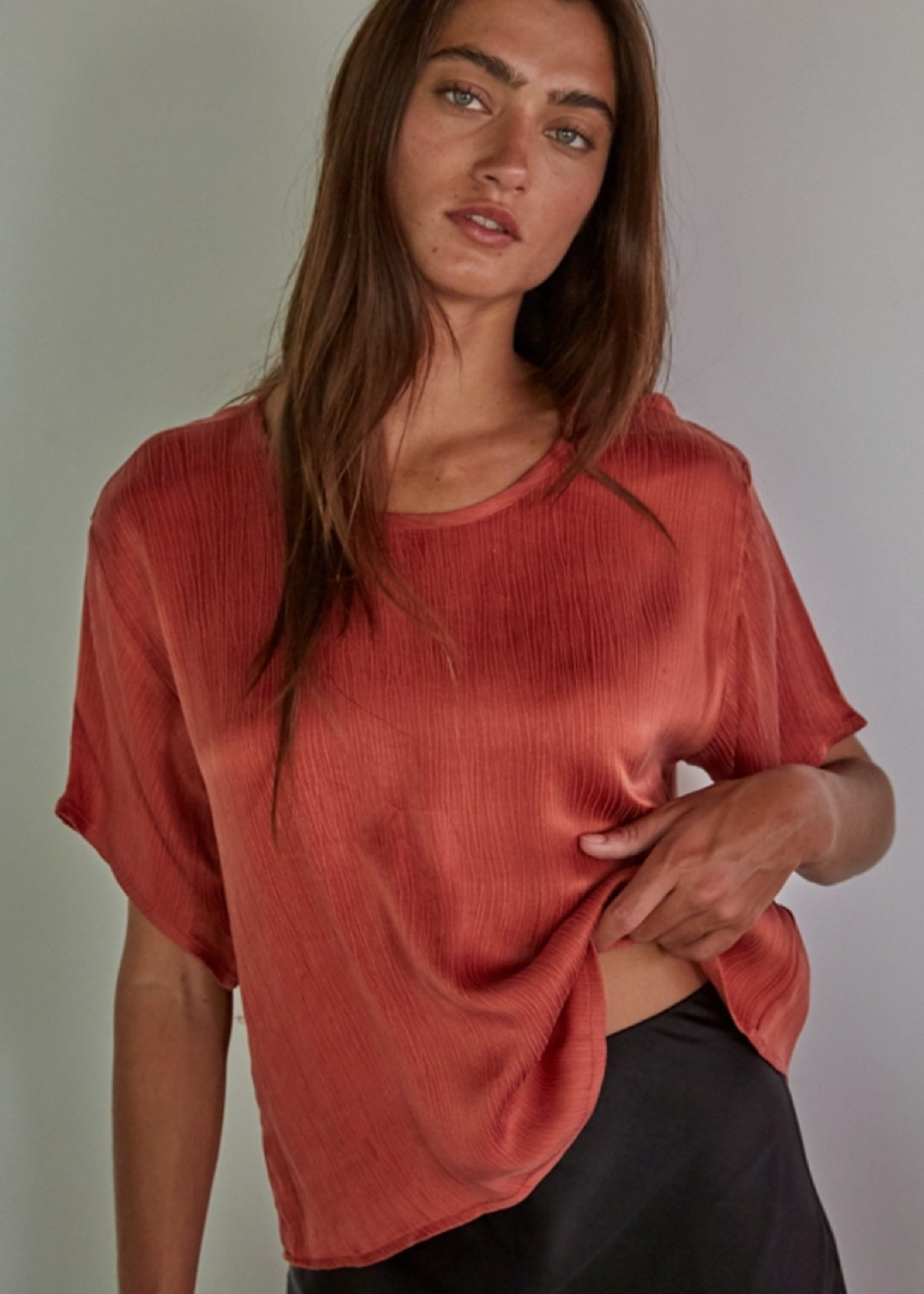 Woven Cupro Viscose Rayon Short Sleeve Top