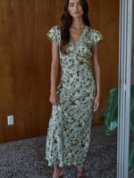 Floral Print V-Neck Short Puffed Capped Sleeves Maxi