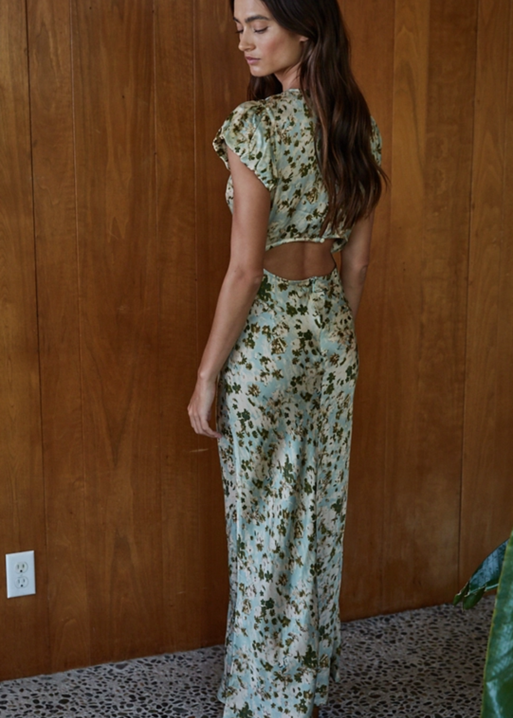 Floral Print V-Neck Short Puffed Capped Sleeves Maxi