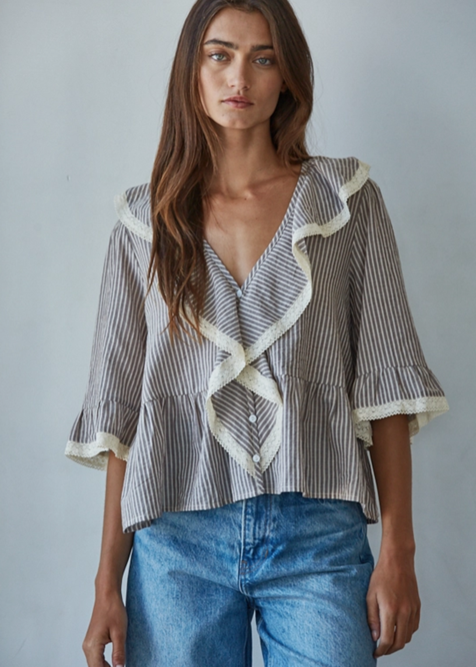 Cotton Linen Striped Ruffle Top