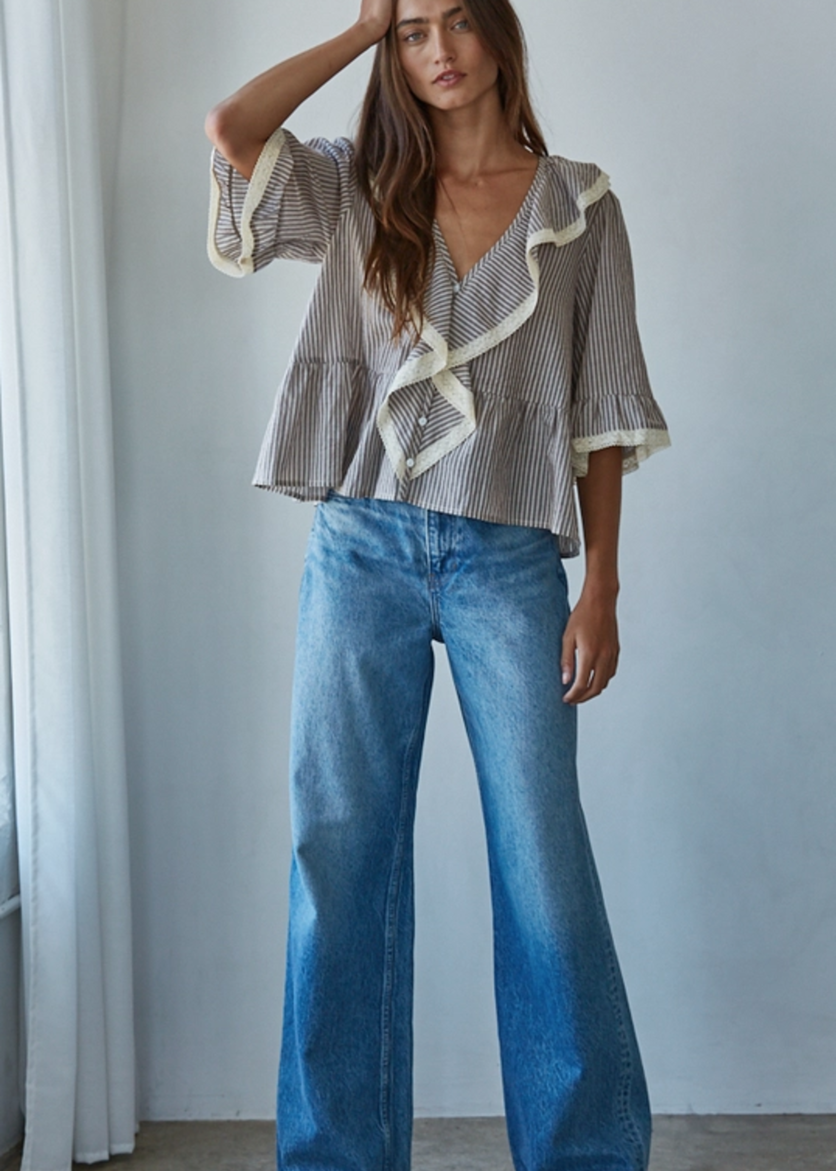 Cotton Linen Striped Ruffle Top