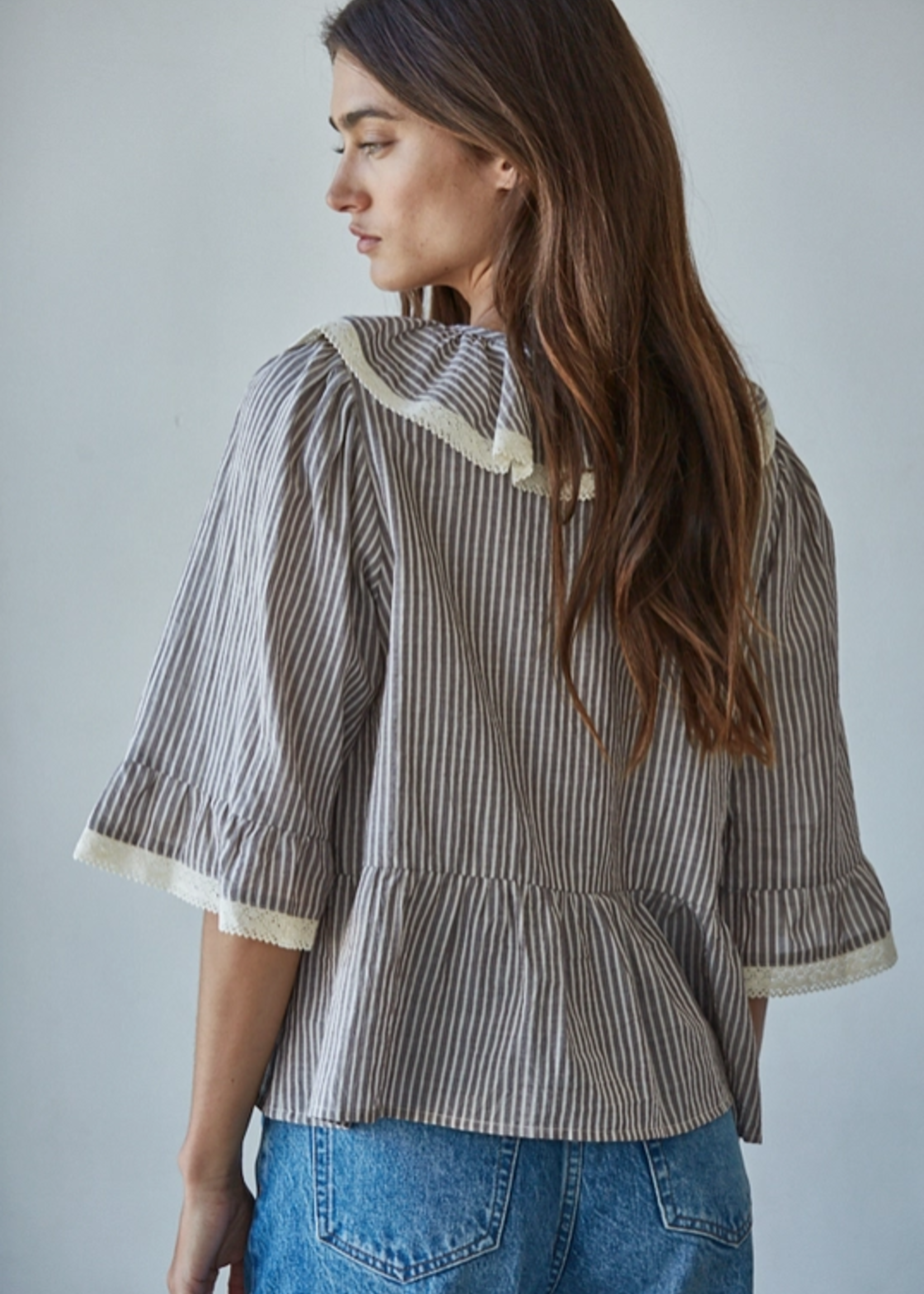 Cotton Linen Striped Ruffle Top