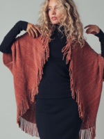 Fringe Trim Knit Poncho Shawl One Size