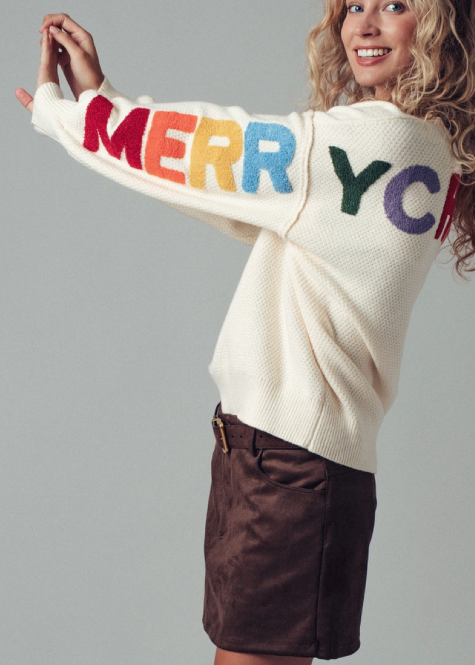 Merry Christmas Lettering Knit Sweater Cream