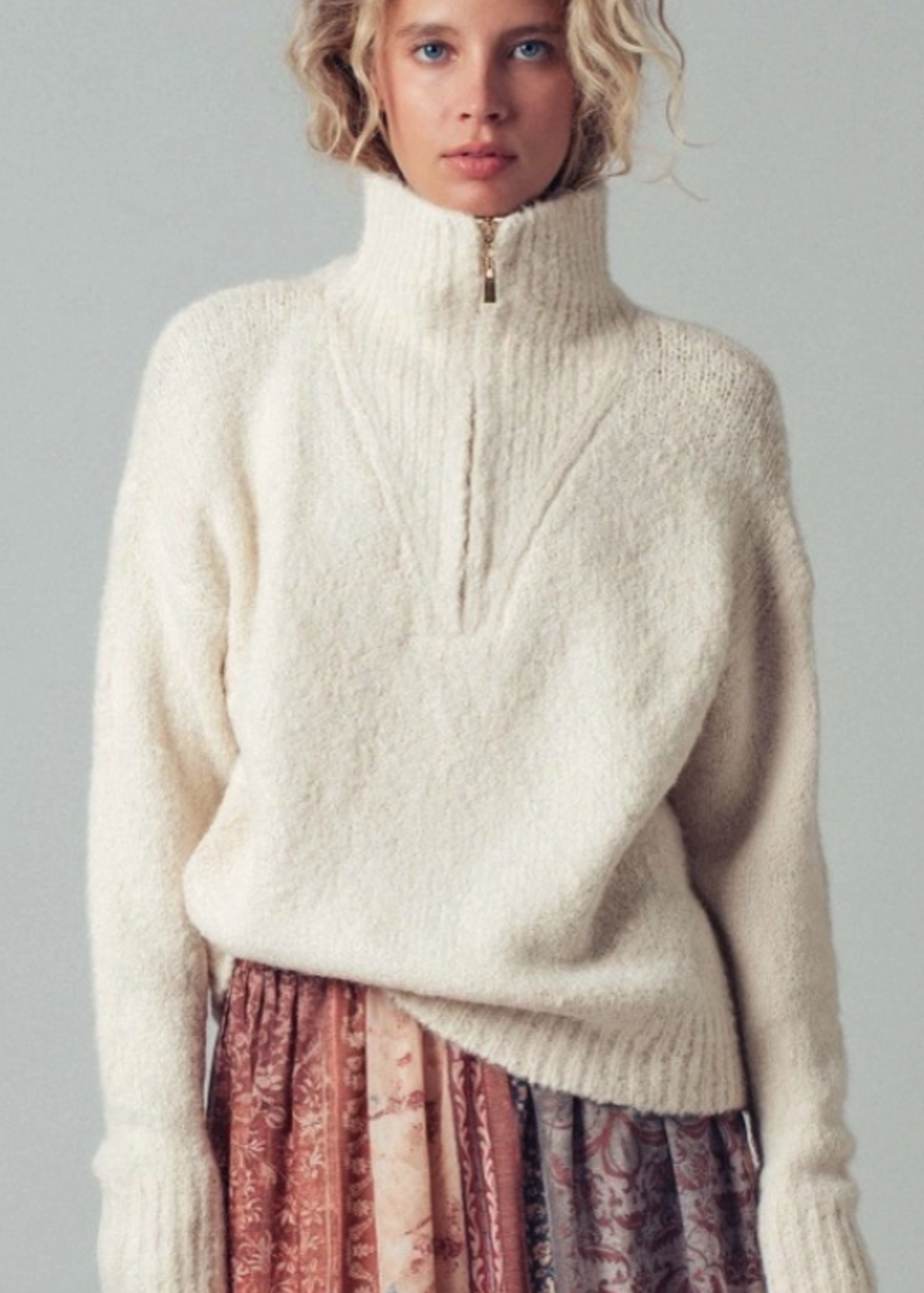 Textured Quarter-Zip Fold Collar Sweater
