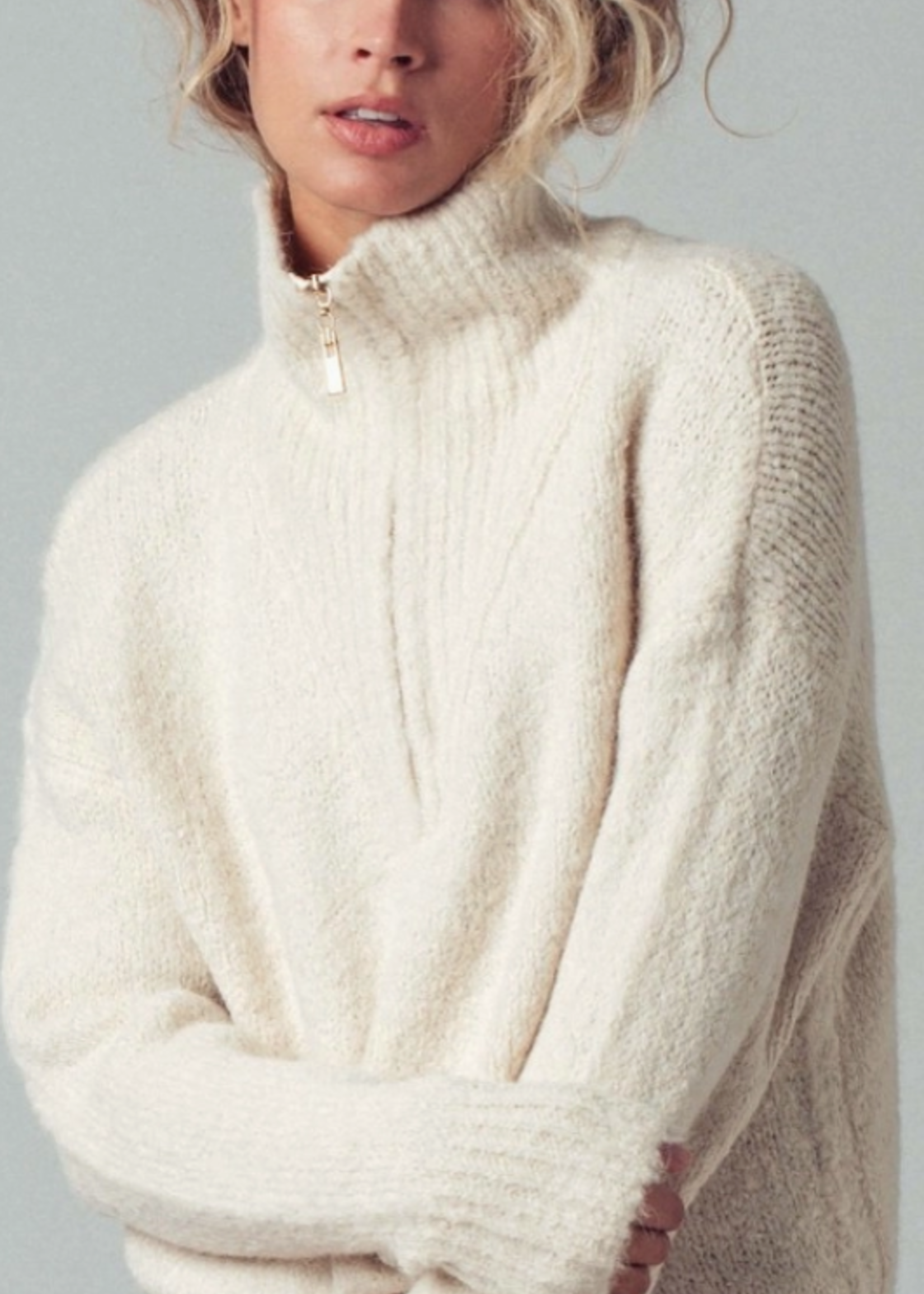 Textured Quarter-Zip Fold Collar Sweater
