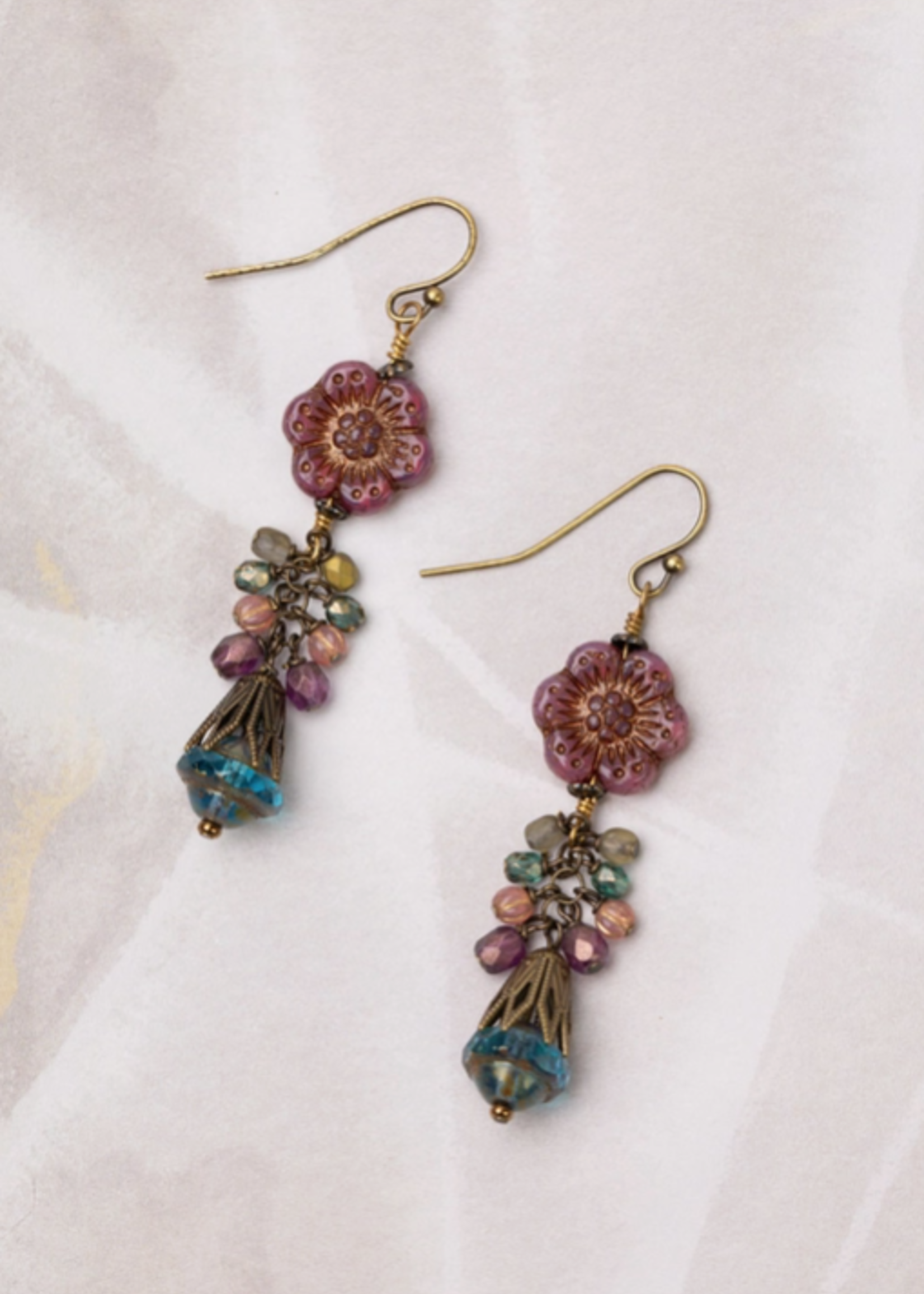 Mauve Czech Glass Flower Cluster Earrings