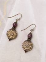 Mauve Lepidolite with Czech Glass Etched Flower Simple Earrings