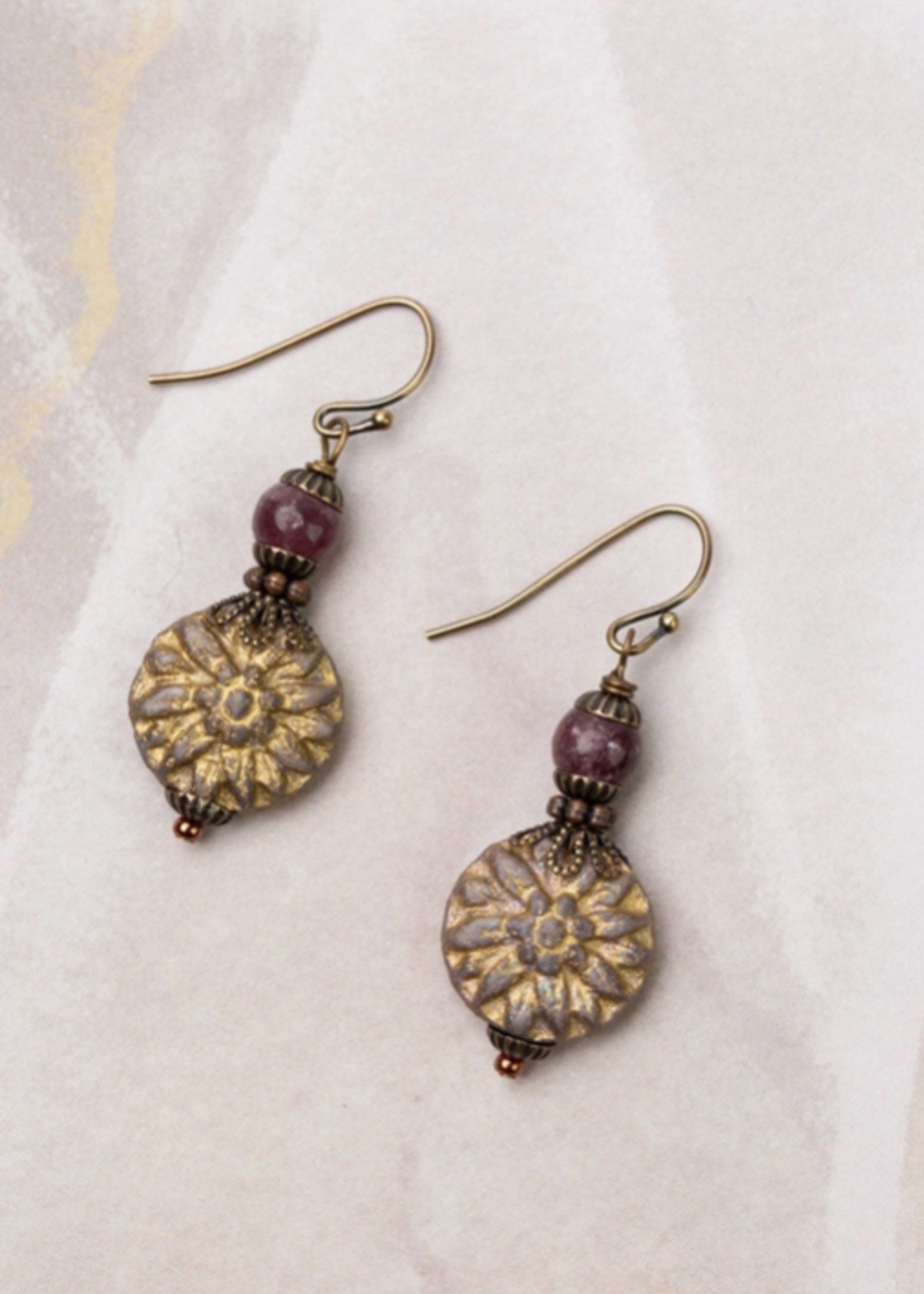 Mauve Lepidolite with Czech Glass Etched Flower Simple Earrings