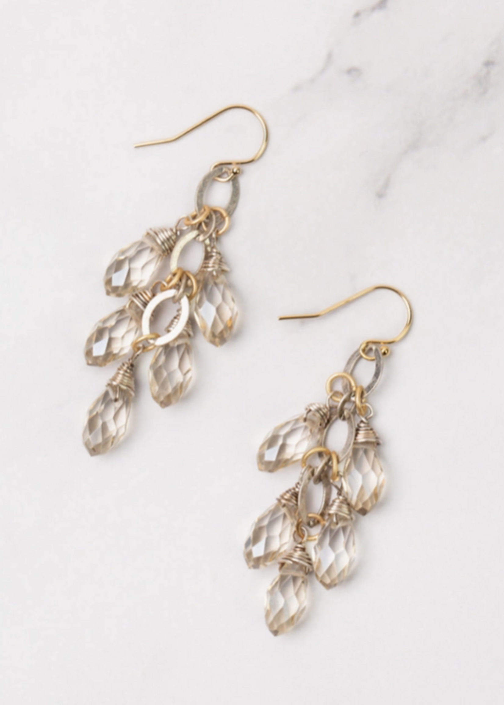 Silver & Gold Cluster Clear Crystal Briolette Droplets Cluster Earrings
