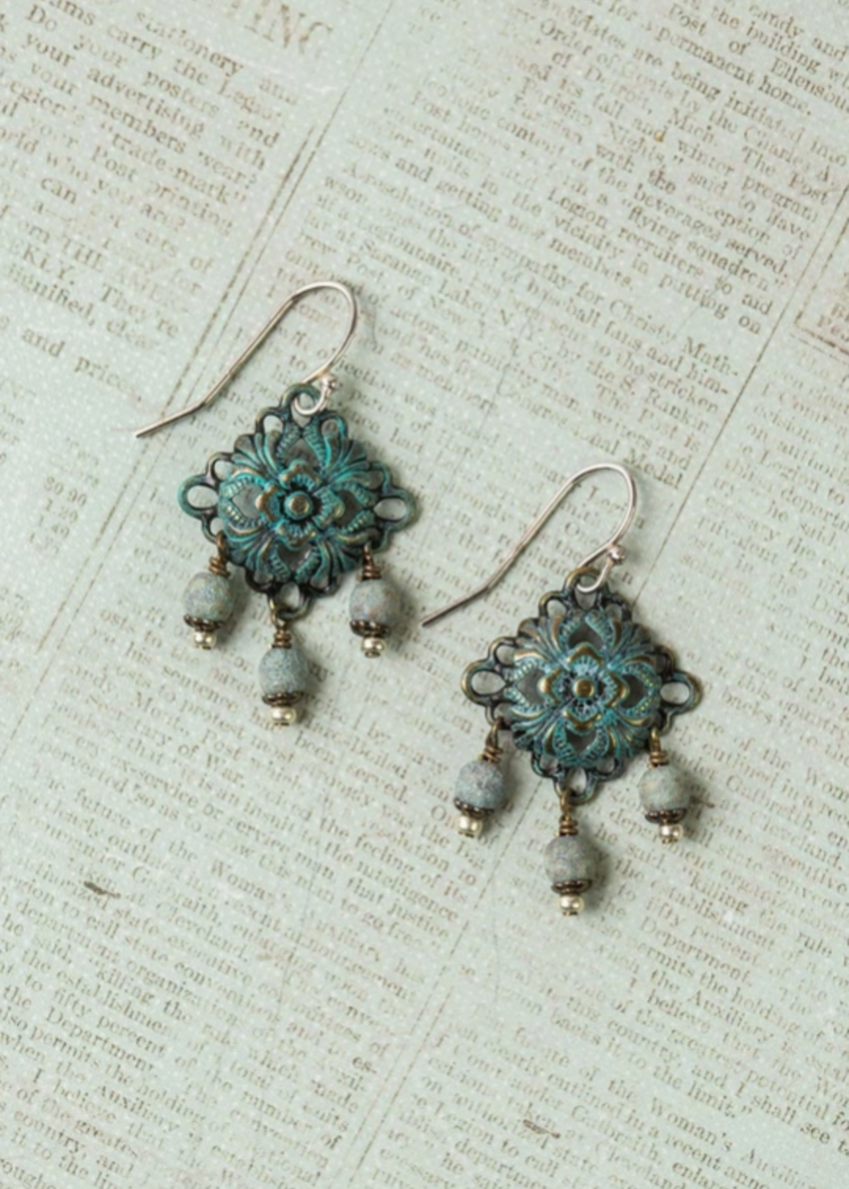 Wisdom Within Czech Glass with Patina Antique Brass Dangle Earrings