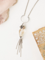 Windsor Castle 25.5-27.5" Labradorite, Pearl, Pyrite Tassel Necklace