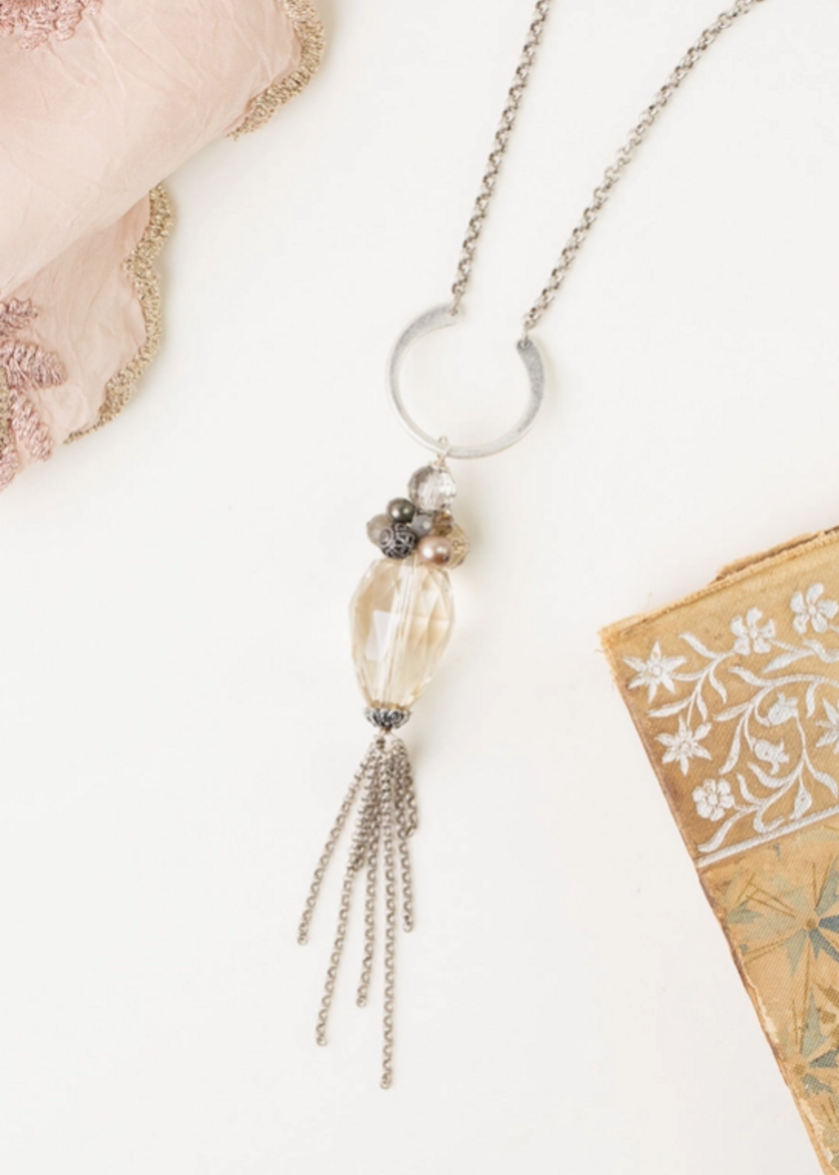 Windsor Castle 25.5-27.5" Labradorite, Pearl, Pyrite Tassel Necklace