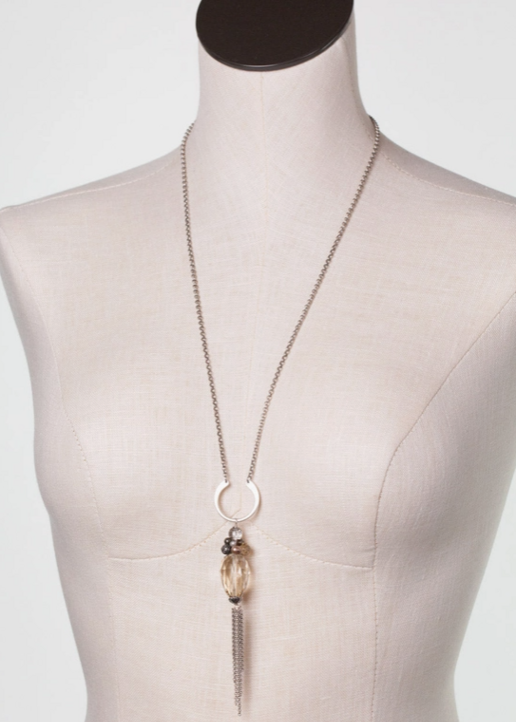 Windsor Castle 25.5-27.5" Labradorite, Pearl, Pyrite Tassel Necklace