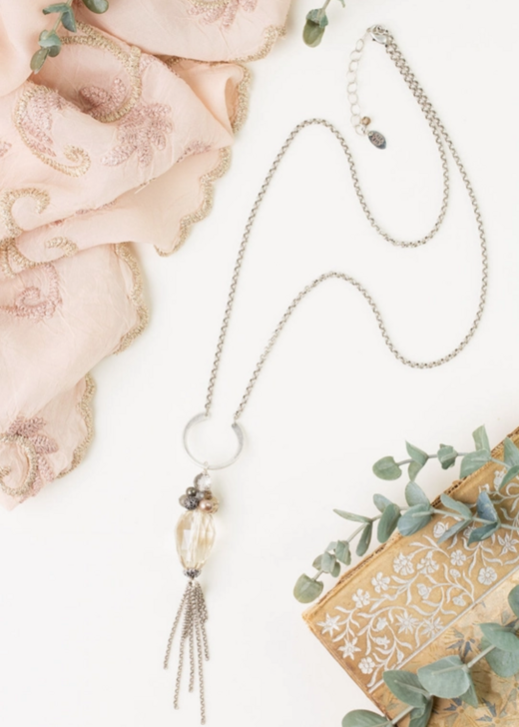 Windsor Castle 25.5-27.5" Labradorite, Pearl, Pyrite Tassel Necklace