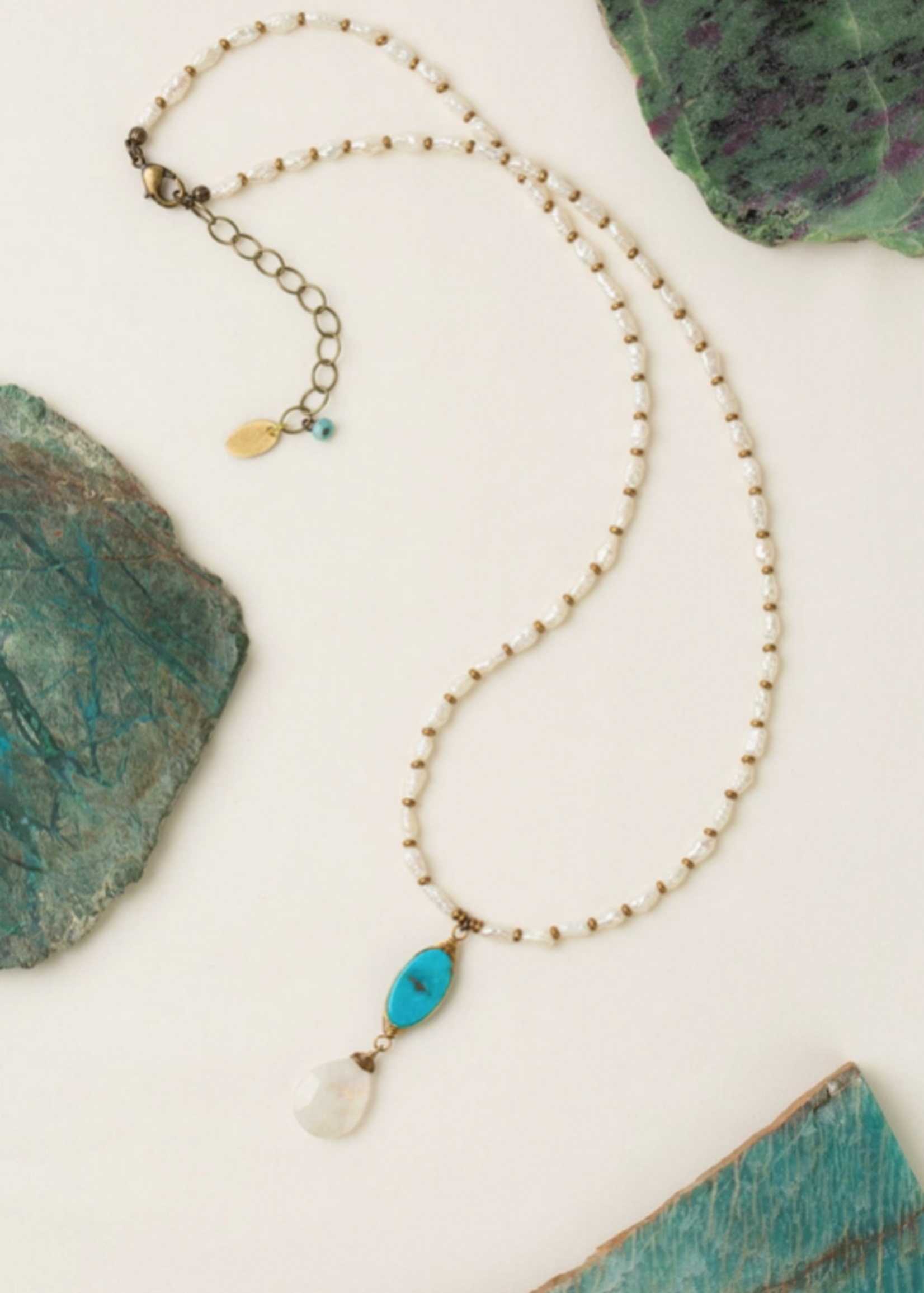 Transcend 20.5-22.5" Turquoise Herringbone, Moonstone Briolette, Freshwater Pearl Simple Necklace