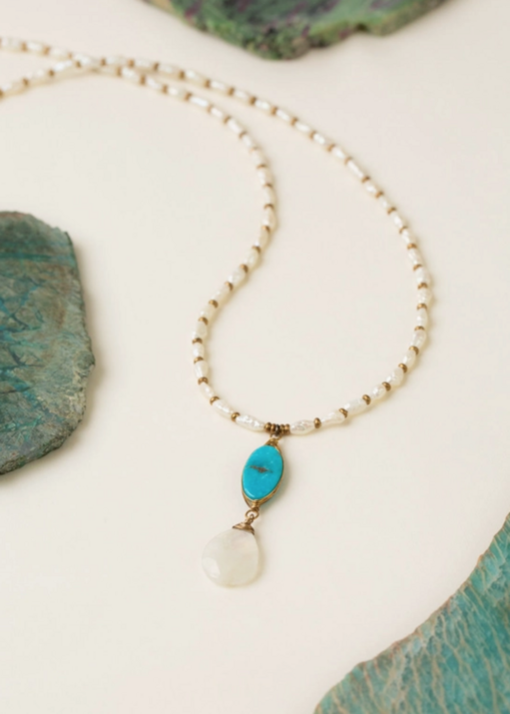 Transcend 20.5-22.5" Turquoise Herringbone, Moonstone Briolette, Freshwater Pearl Simple Necklace