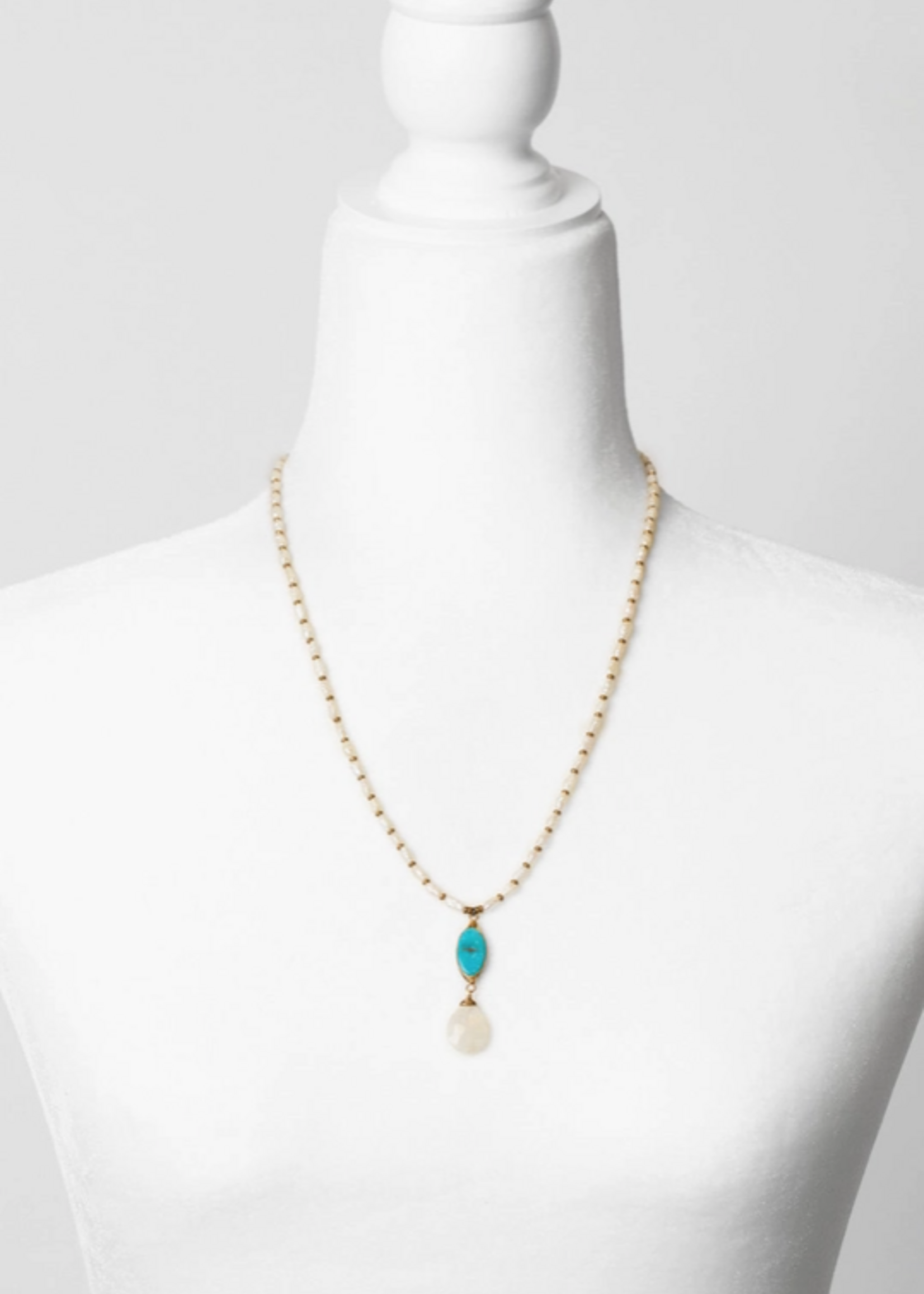 Transcend 20.5-22.5" Turquoise Herringbone, Moonstone Briolette, Freshwater Pearl Simple Necklace