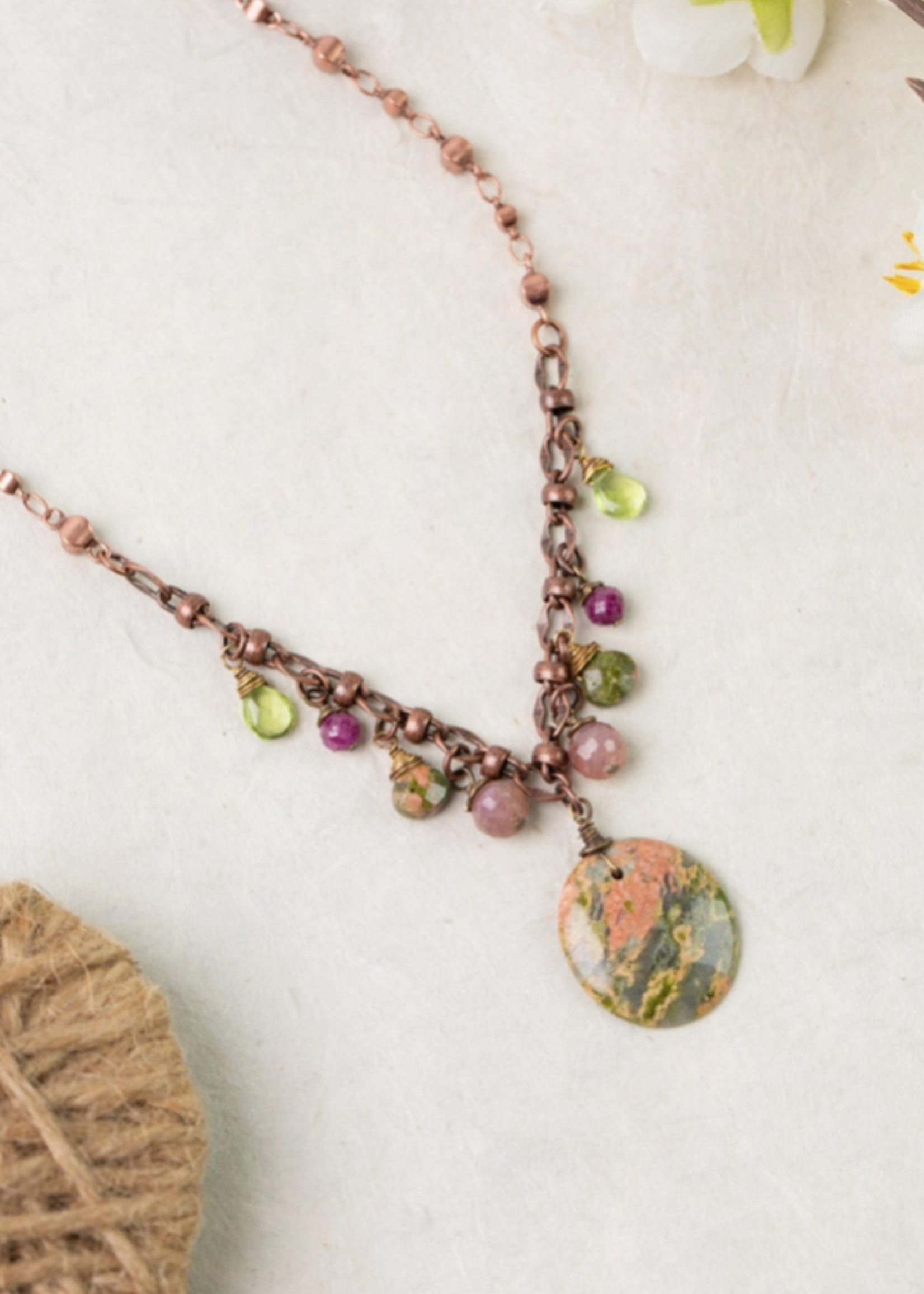 Dominion 17.5-19.5" Peridot, Ruby with Unakite Focal Statement Necklace