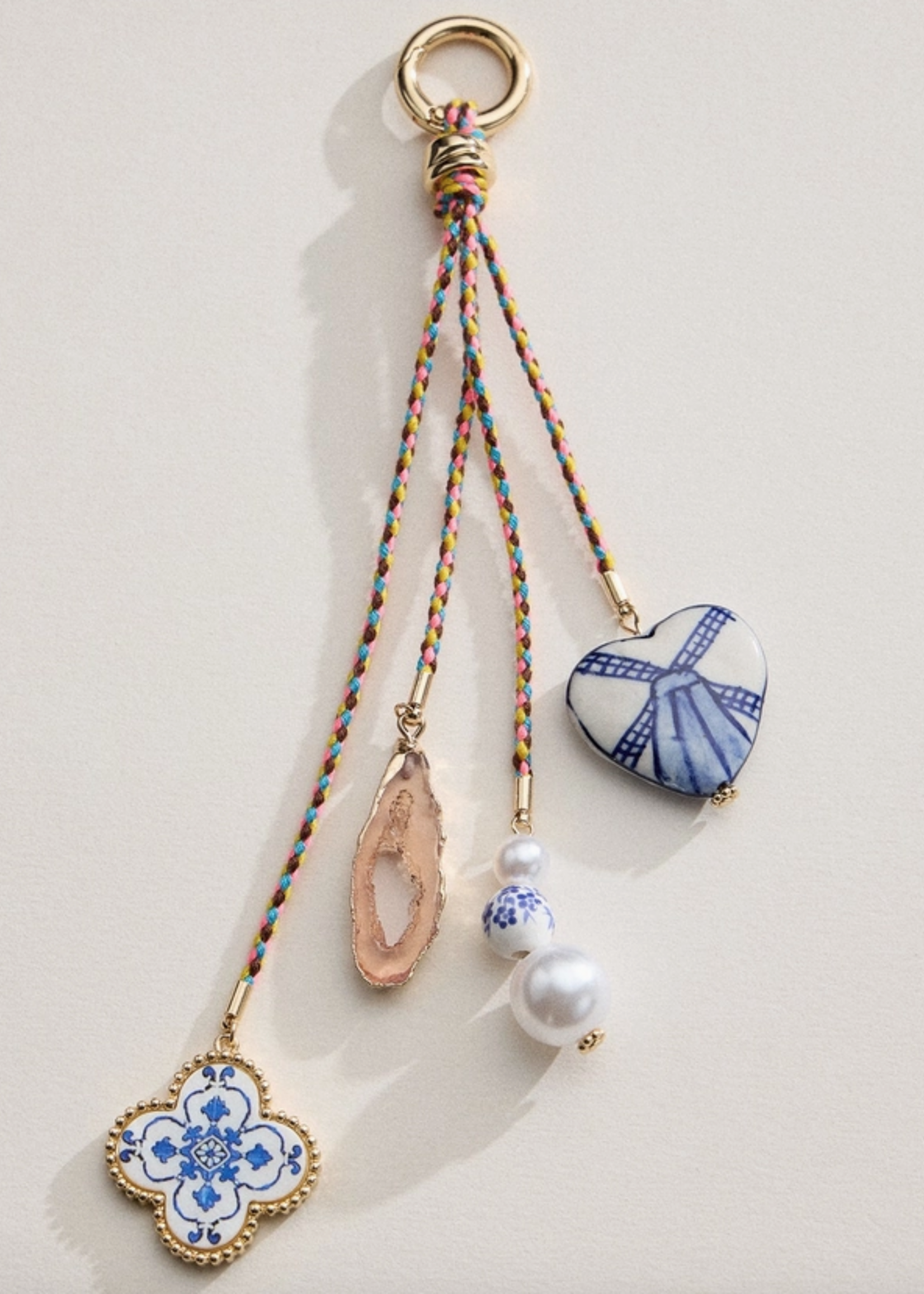 Colorful Cord Bag Charm with Ceramic and Pearl Charms