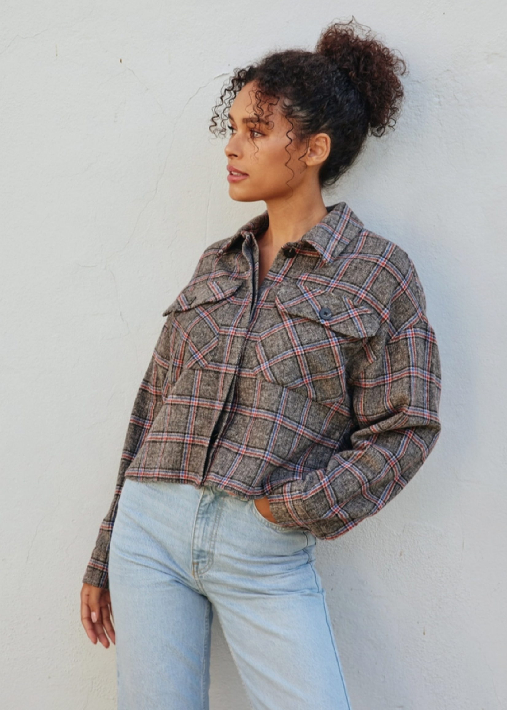 Cropped Plaid Shirt Jacket