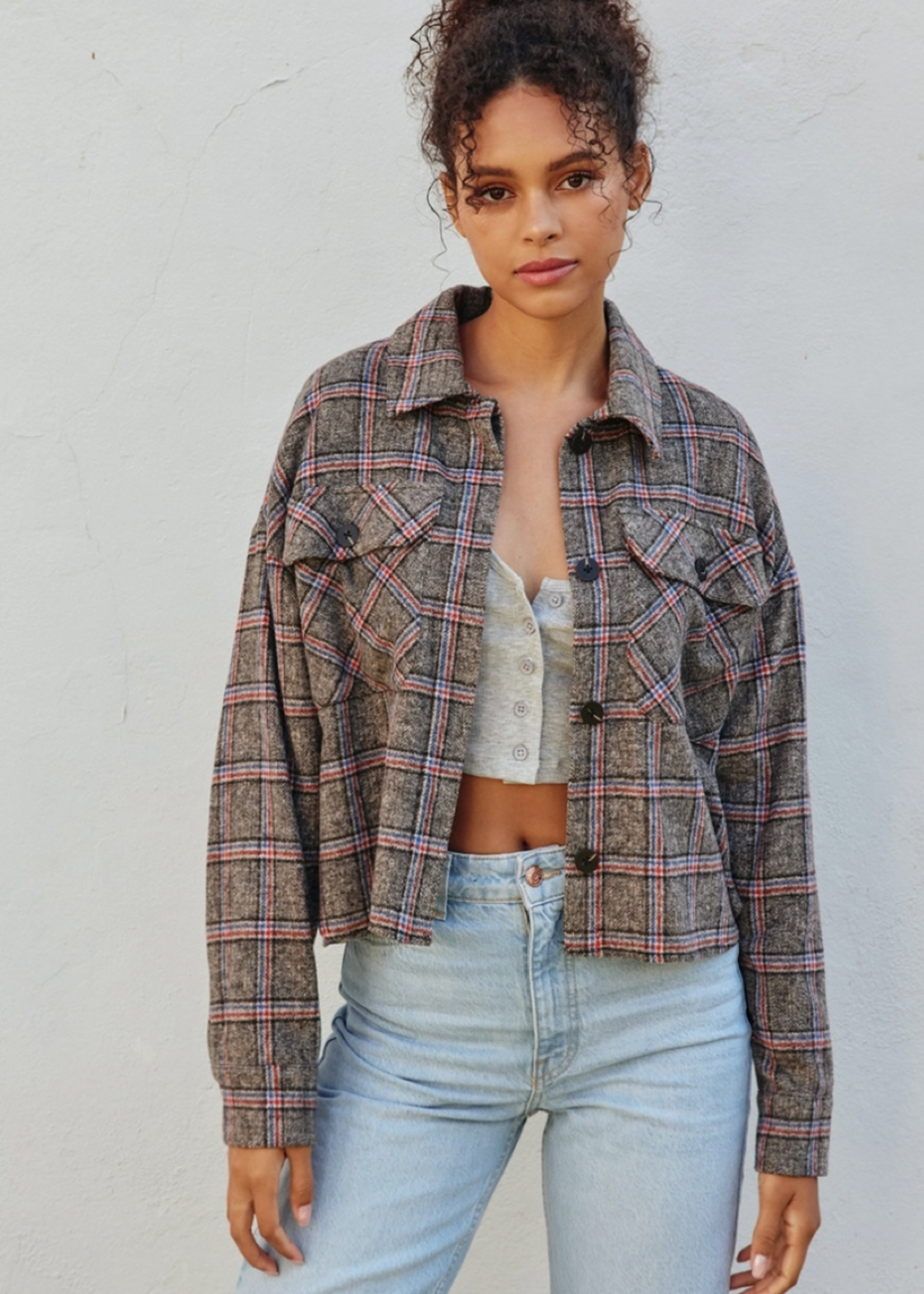 Cropped Plaid Shirt Jacket