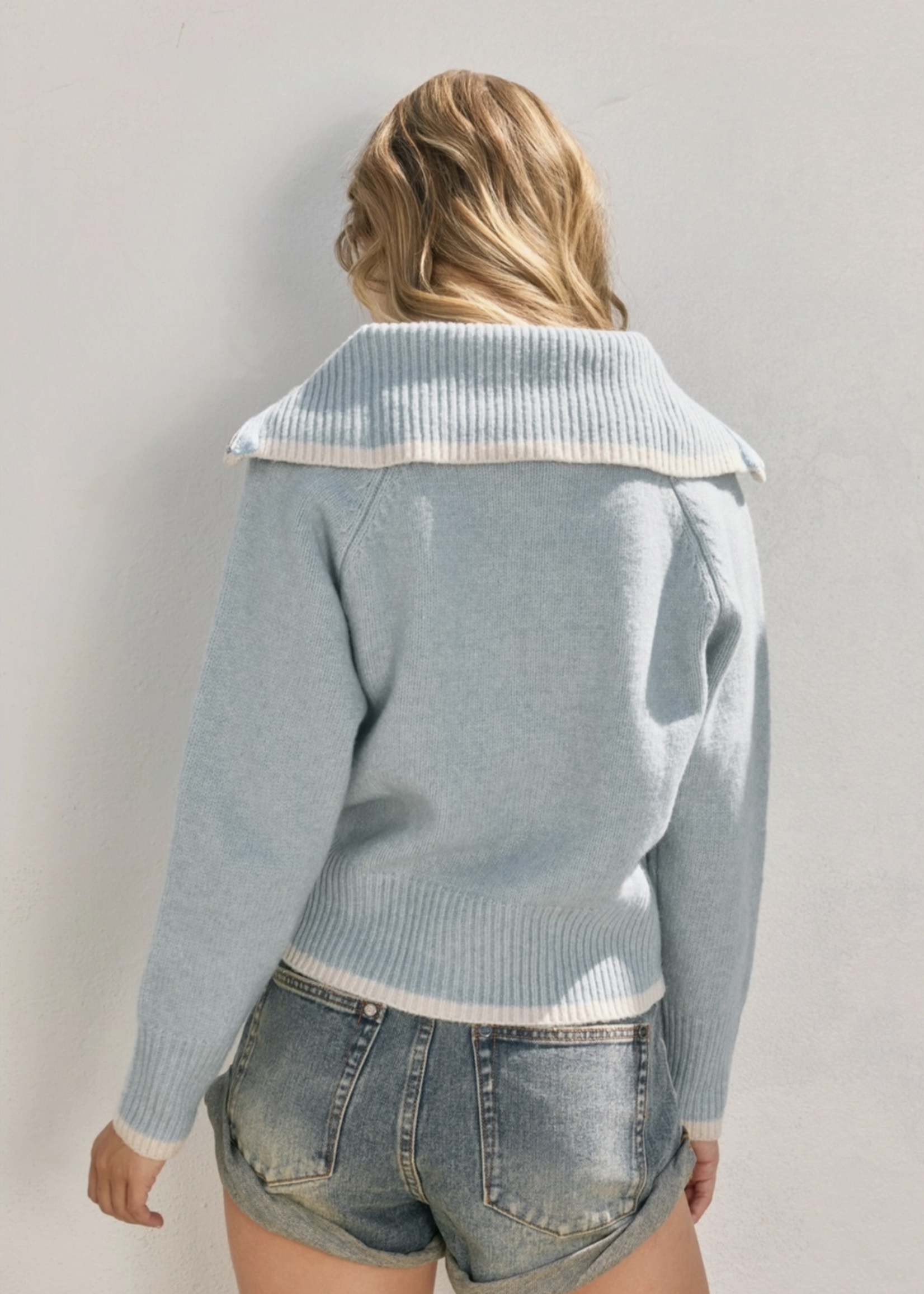 Sailor Collar Contrast Zip Up Cardigan Blue/Cream
