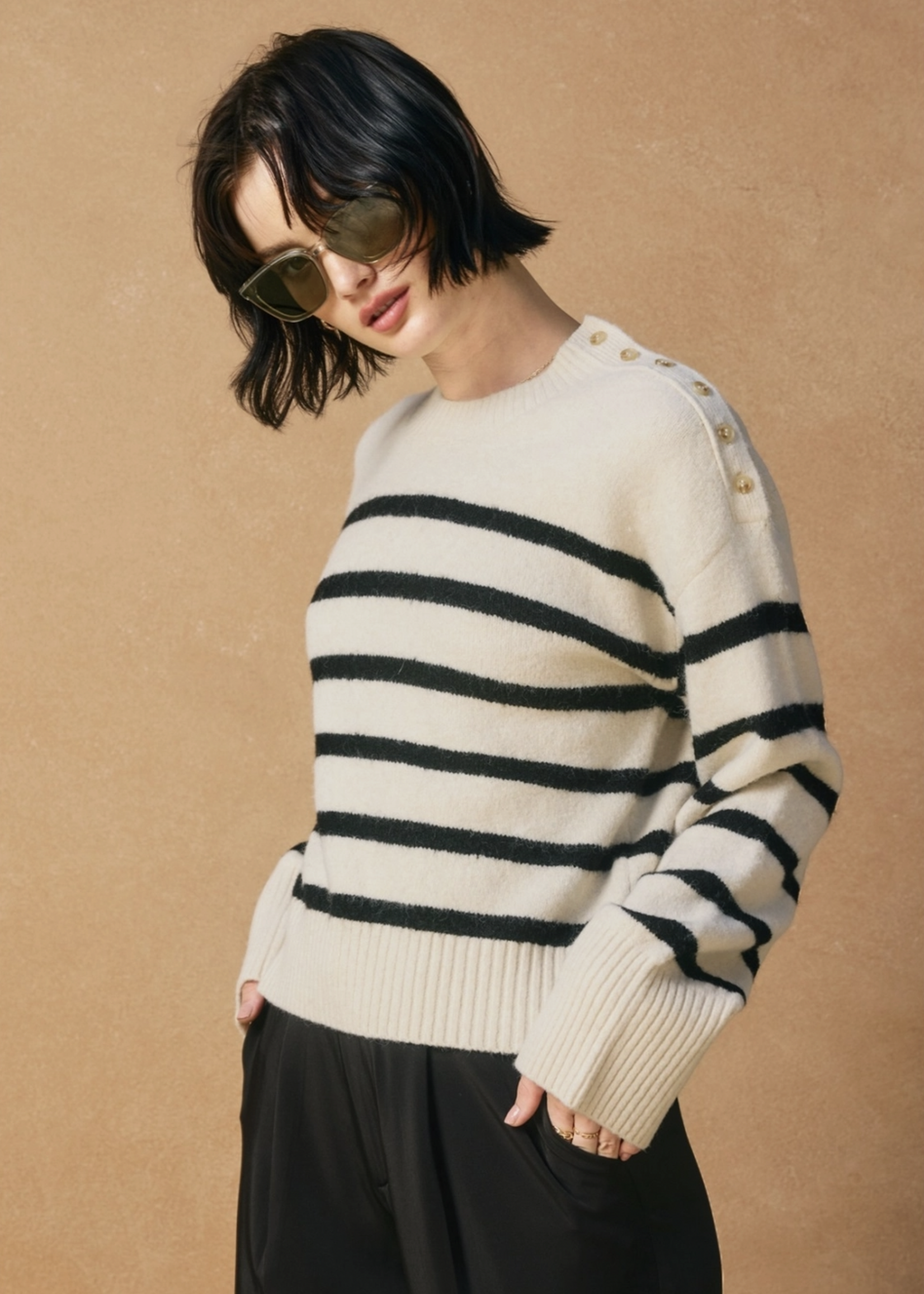 Striped Button Detail Sweater Ivory/Black