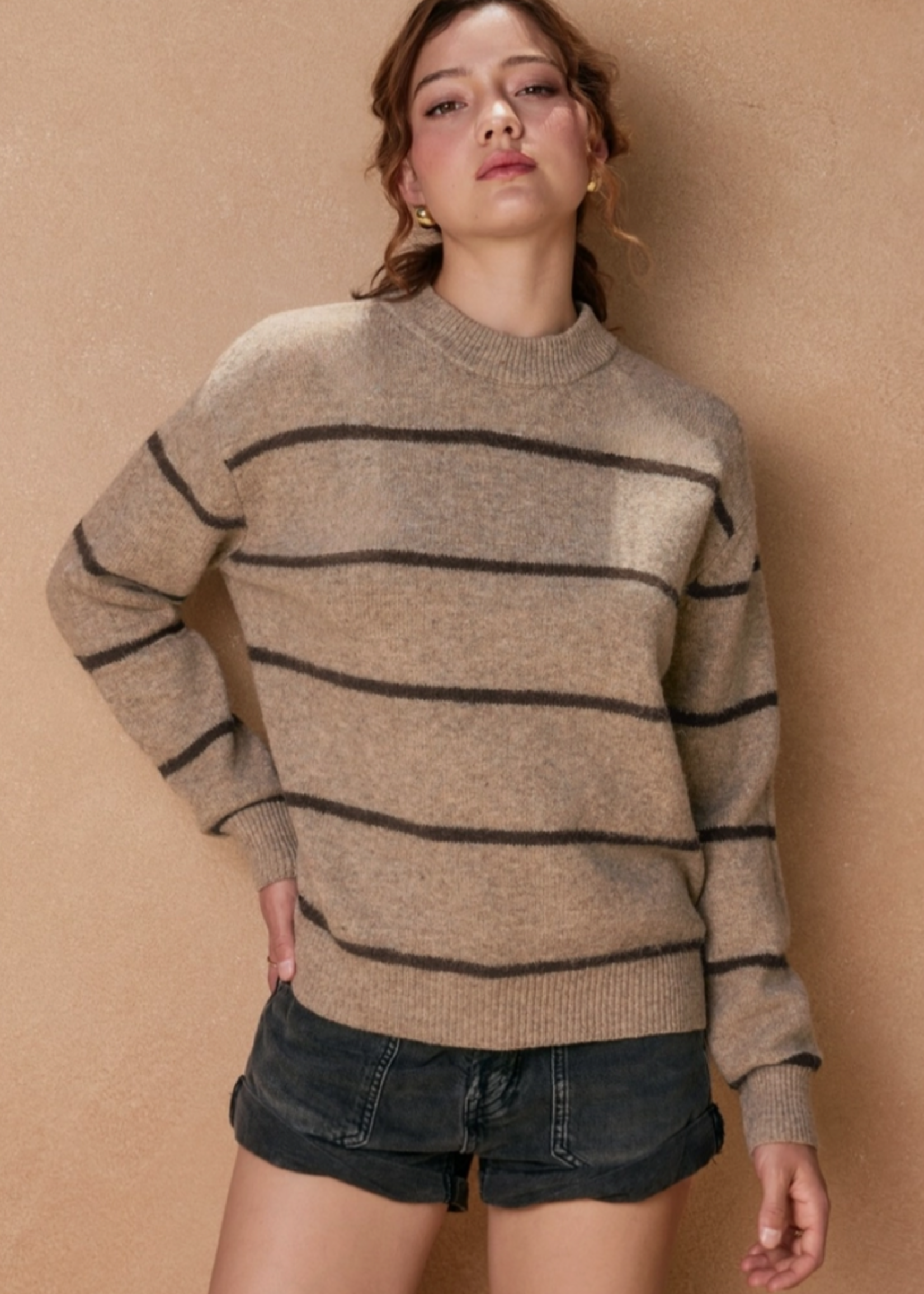 Striped Crewneck Sweater Khaki/Brown