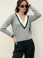 Varsity Contrast Deep V Neck Sweater Heather Grey
