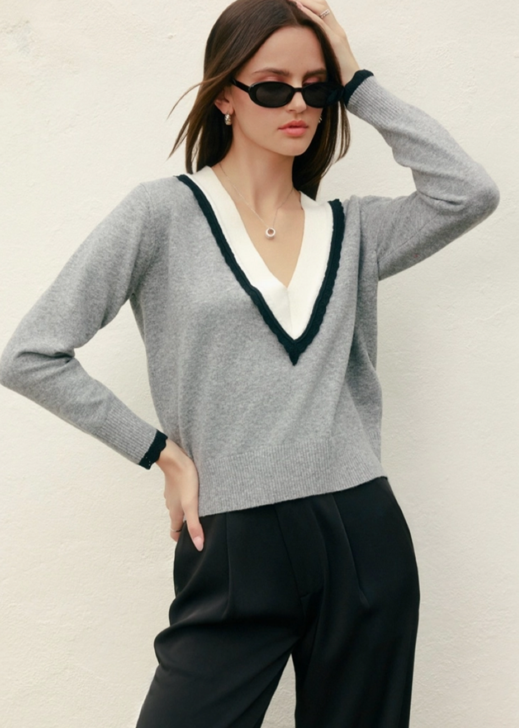 Varsity Contrast Deep V Neck Sweater Heather Grey
