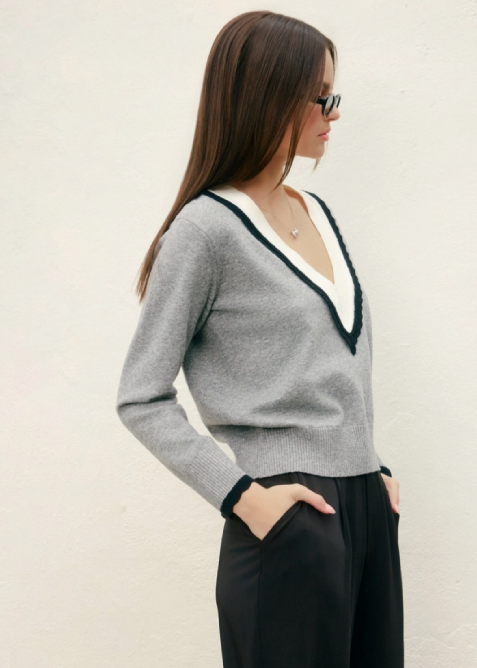 Varsity Contrast Deep V Neck Sweater Heather Grey