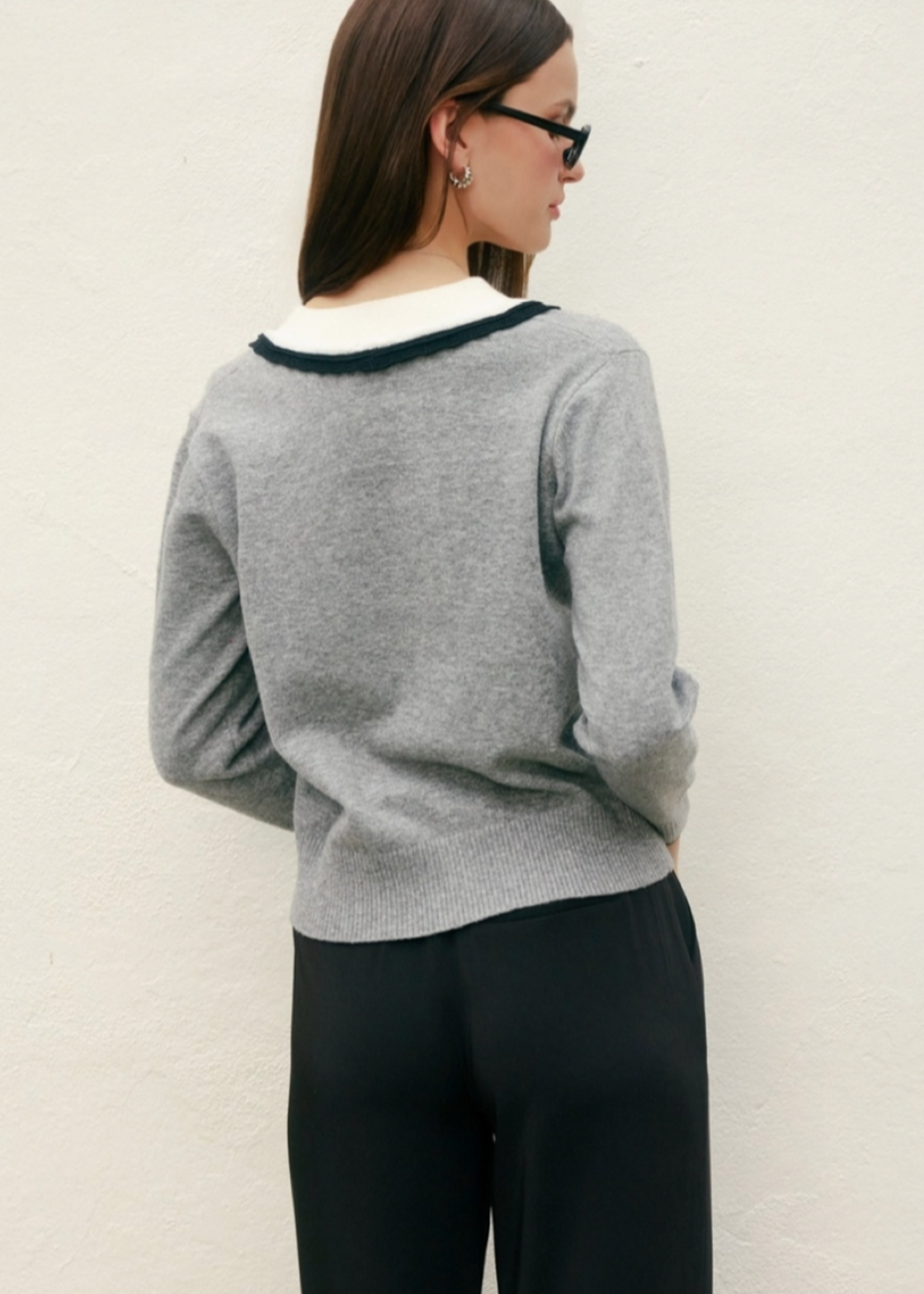 Varsity Contrast Deep V Neck Sweater Heather Grey