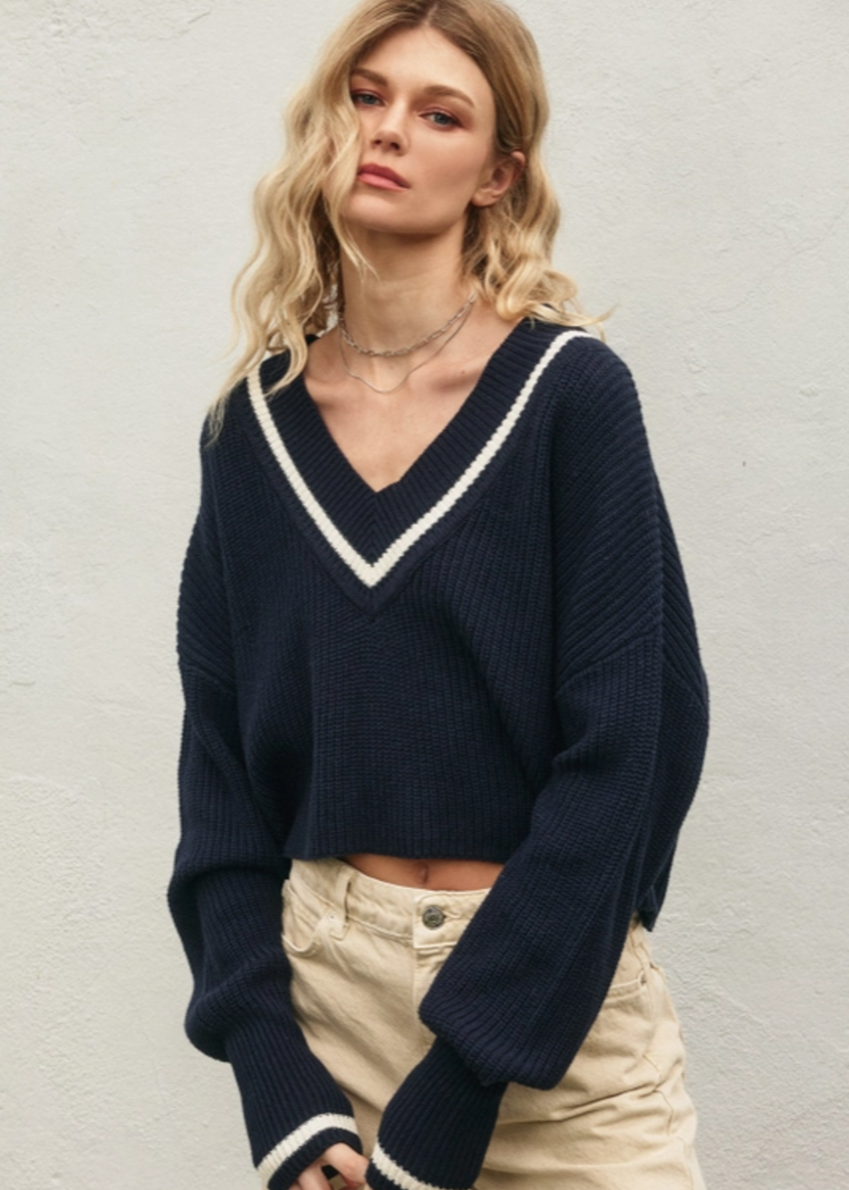 Stripe Detail Cropped Sweater Navy/Ivory