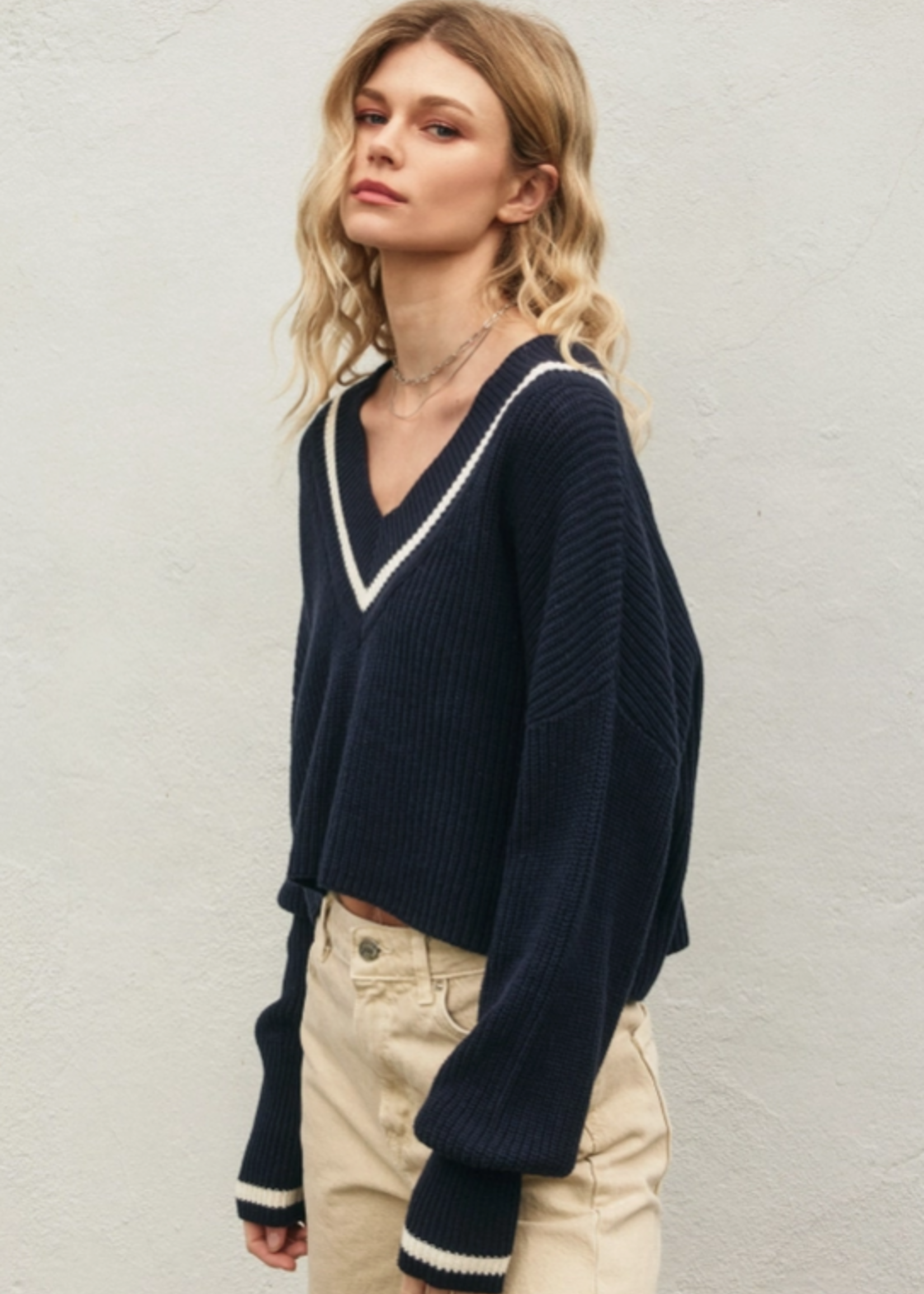 Stripe Detail Cropped Sweater Navy/Ivory