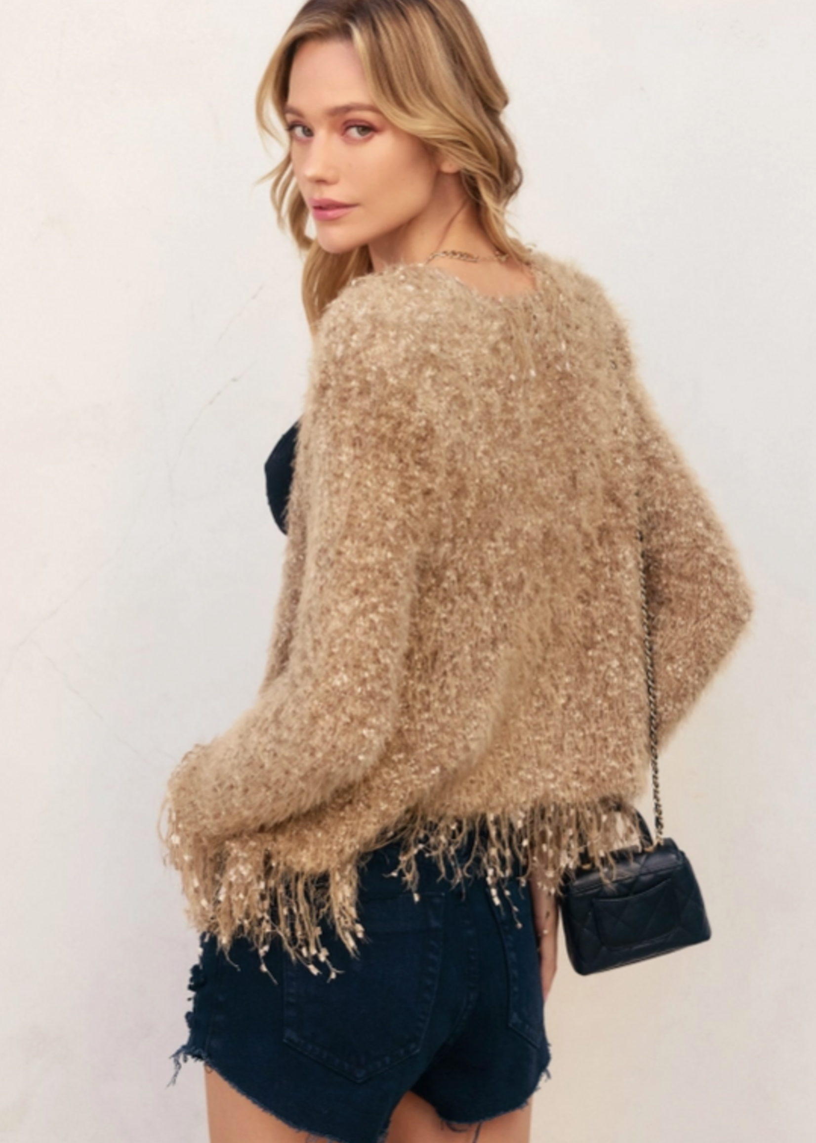 Shimmering Knitted Open Front Jacket Golden Ochre
