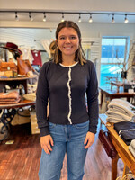 Ruffled Eyelet Trim Button Down Cardigan Navy