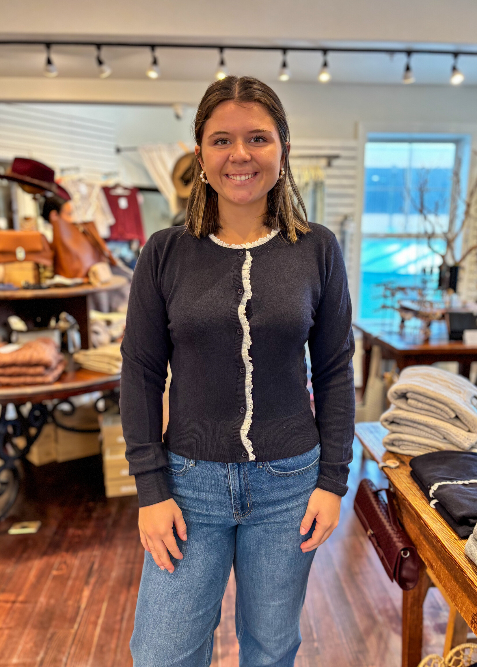 Ruffled Eyelet Trim Button Down Cardigan Navy