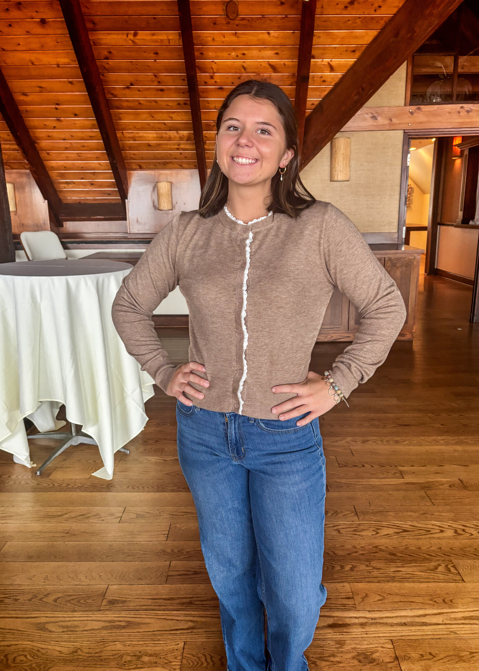 Ruffled Eyelet Trim Button Down Cardigan Tan